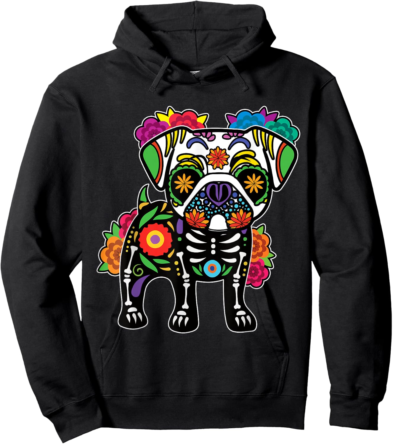 Dog Pug Floral Skeleton Day of Dead Dia De Los Muertos Hoodie - Hoodie | Black