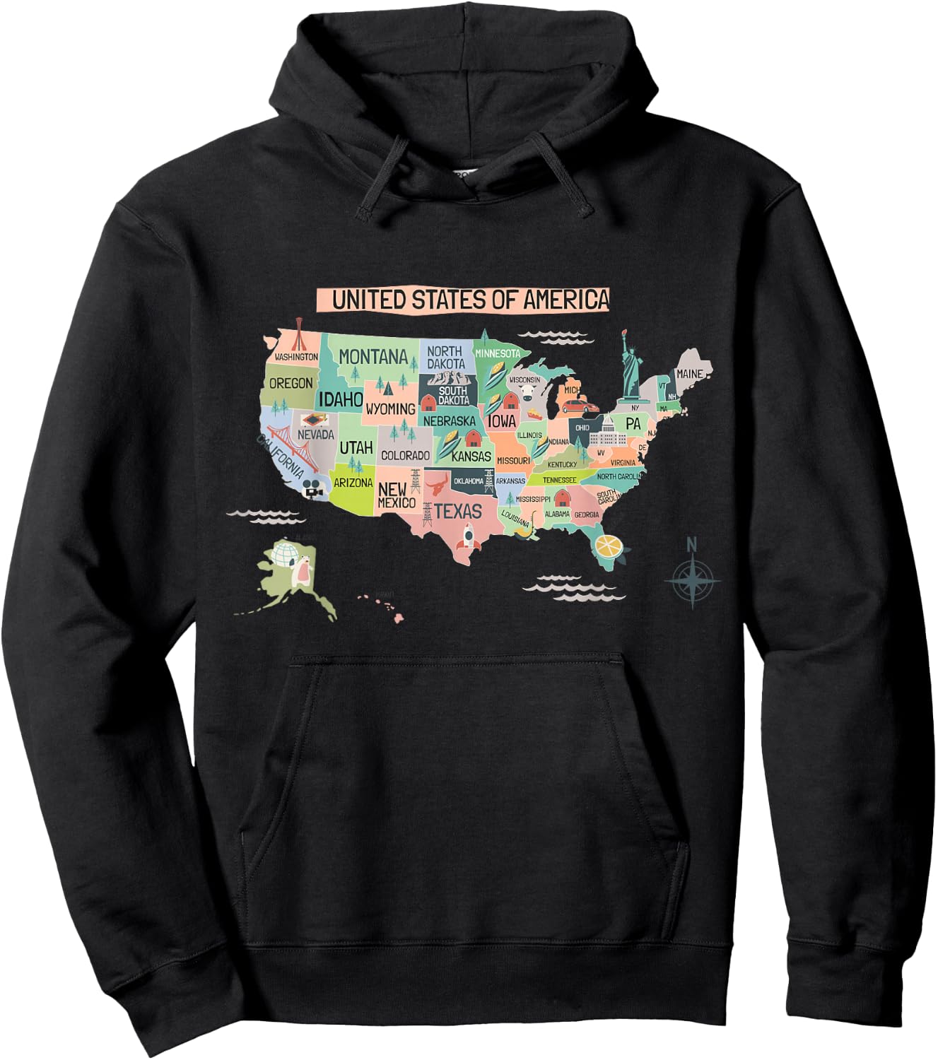 United States America Educational USA Wonders & States Map Hoodie - Hoodie | Black