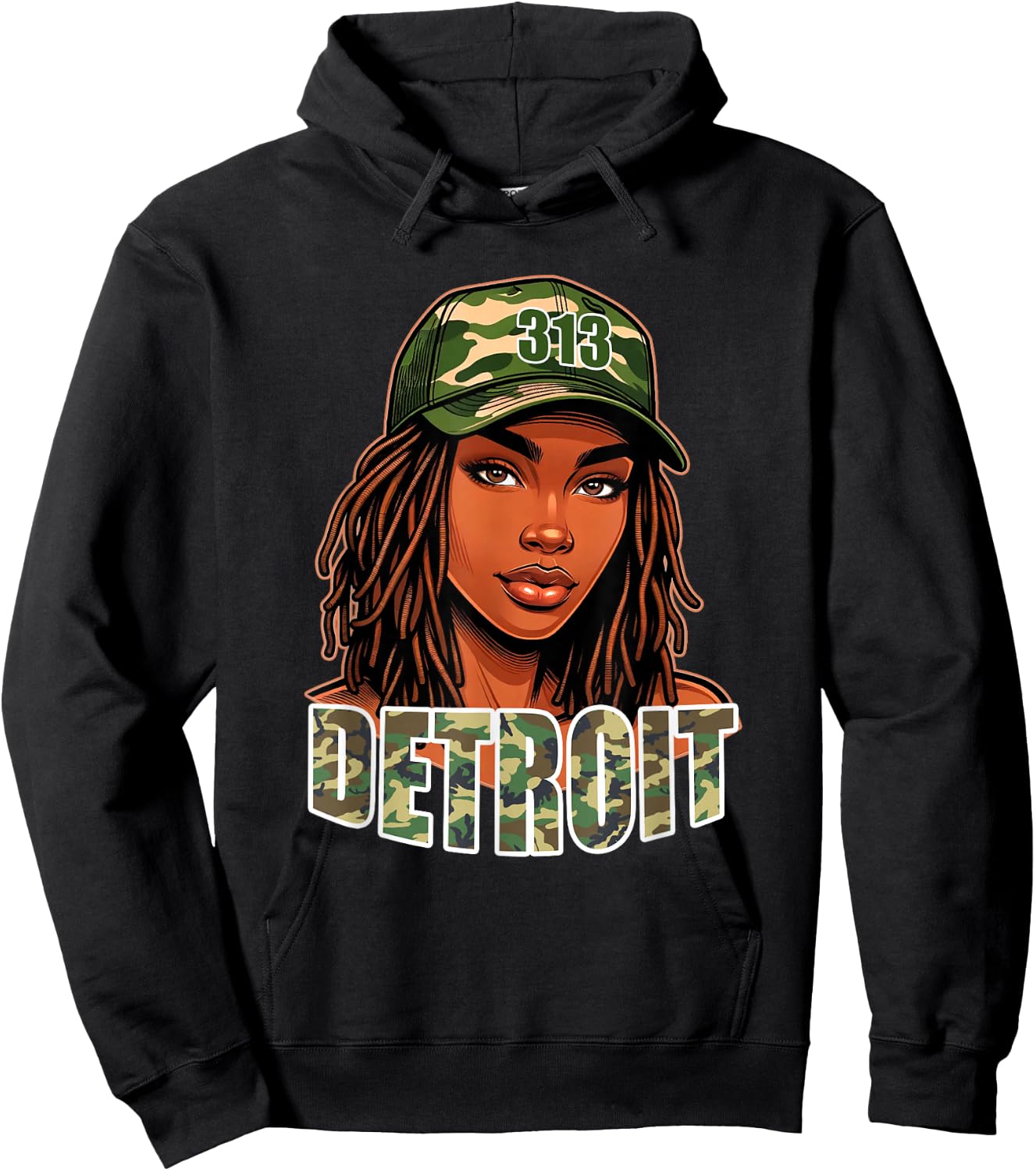 Detroit 313 Camo Hat Black Woman Locs Hoodie - Hoodie | Black