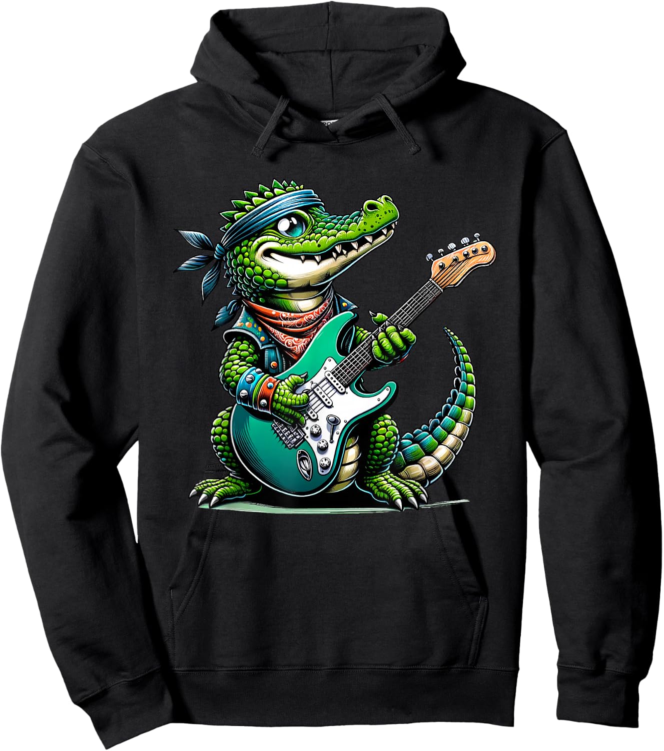 Crocodile Rock Star: Playful Guitar-Playing Alligator Hoodie - Hoodie | Black