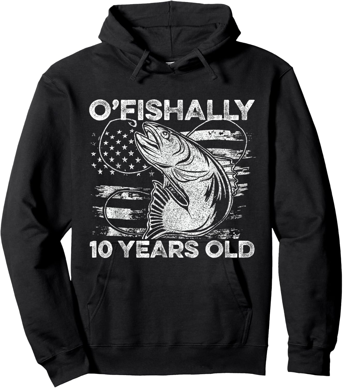 Ofishally 10 Year Old Shirt 10th Birthday Fishing US Flag Hoodie - Hoodie | Black