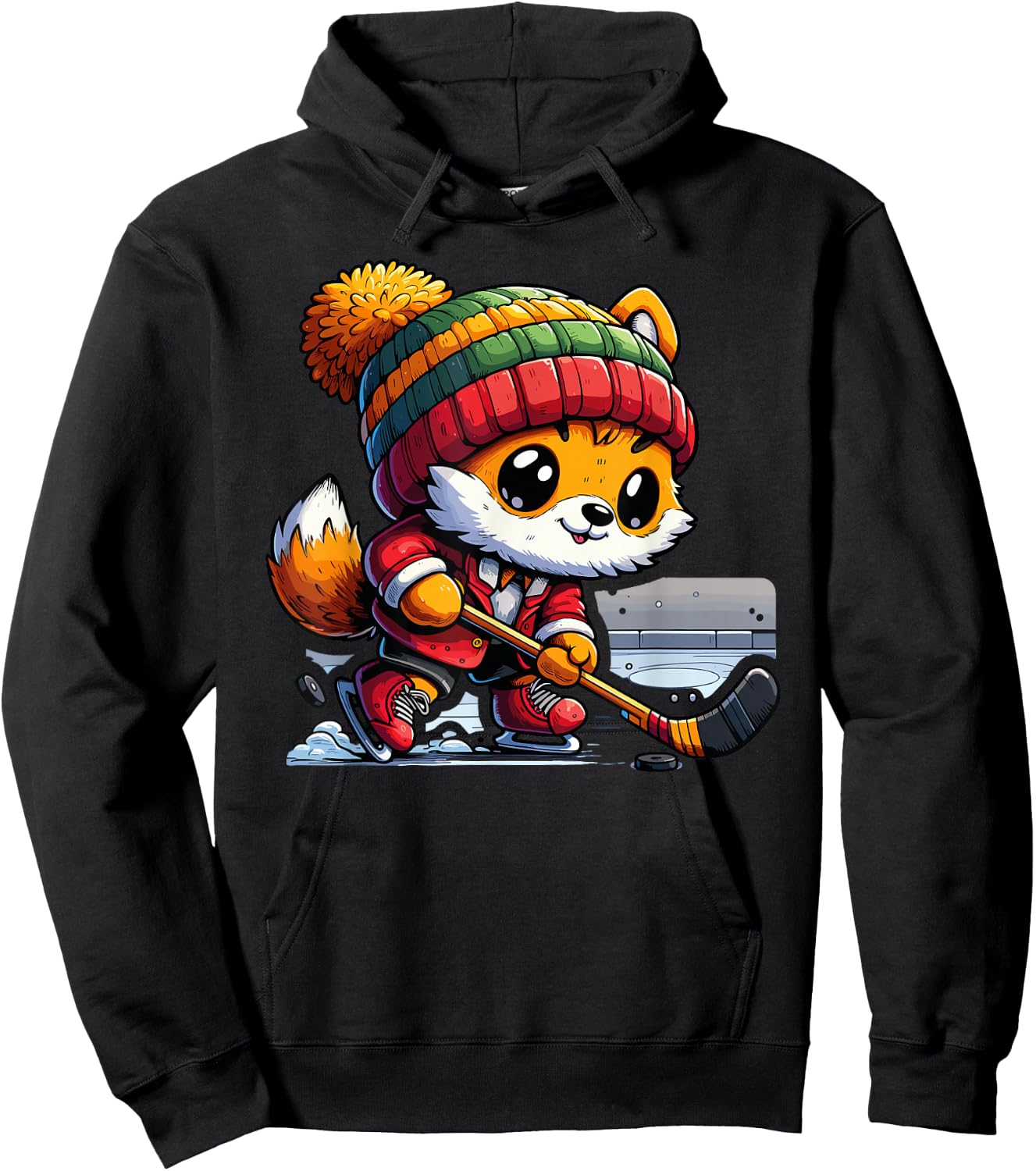 Cute Fox Playing Ice Hockey Skating Winter Sports Player Hoodie - Hoodie | Black