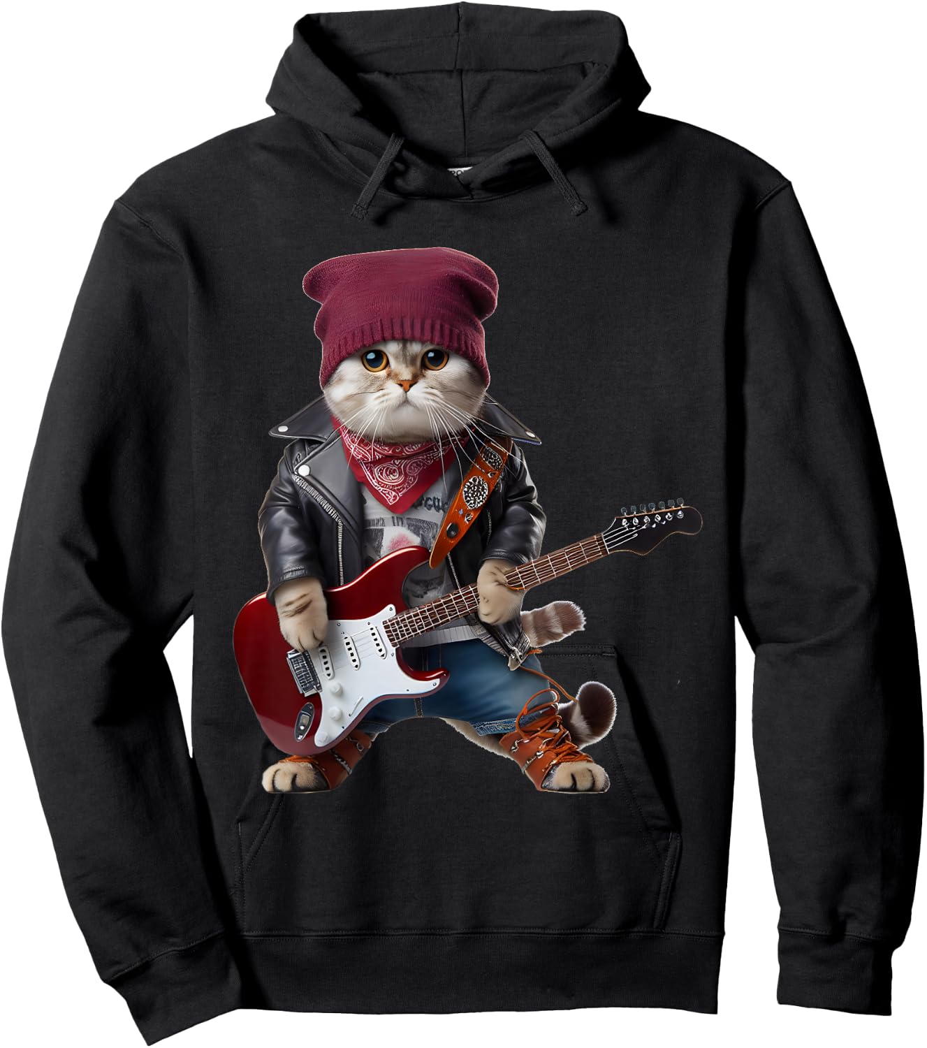 Cat Playing Guitar Cute Funny Cute Kitten Rock Rockin Cat Hoodie - Hoodie | Black
