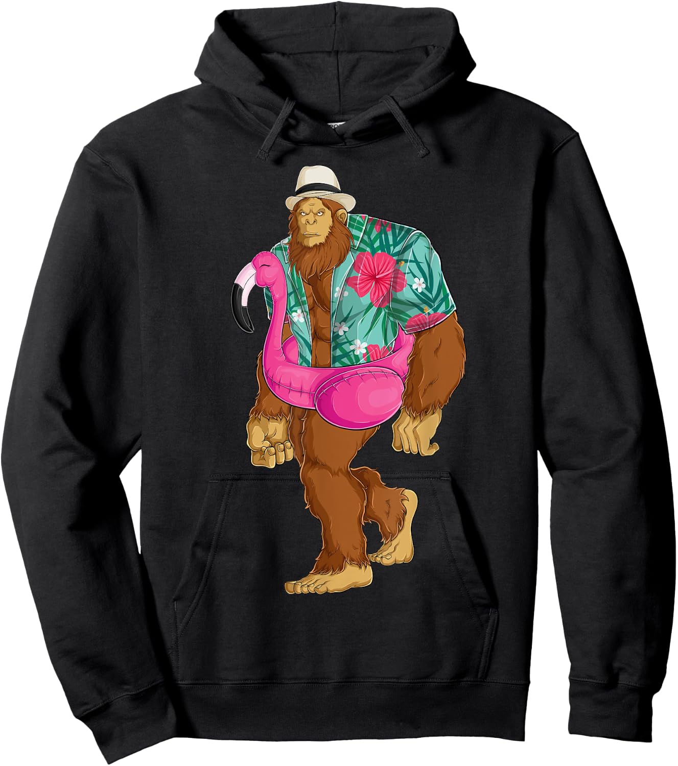 Bigfoot Sasquatch Pink Flamingo Aloha Beach Hawaiian Party Men Women Girls Kids Hoodie - Hoodie | Black