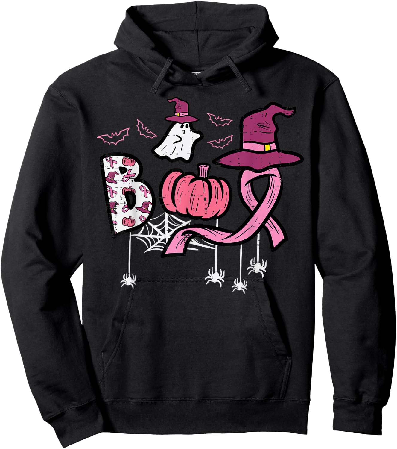 Breast Cancer Boo Halloween Pink Ribbon Aware Women Kids Men Hoodie - Hoodie | Black