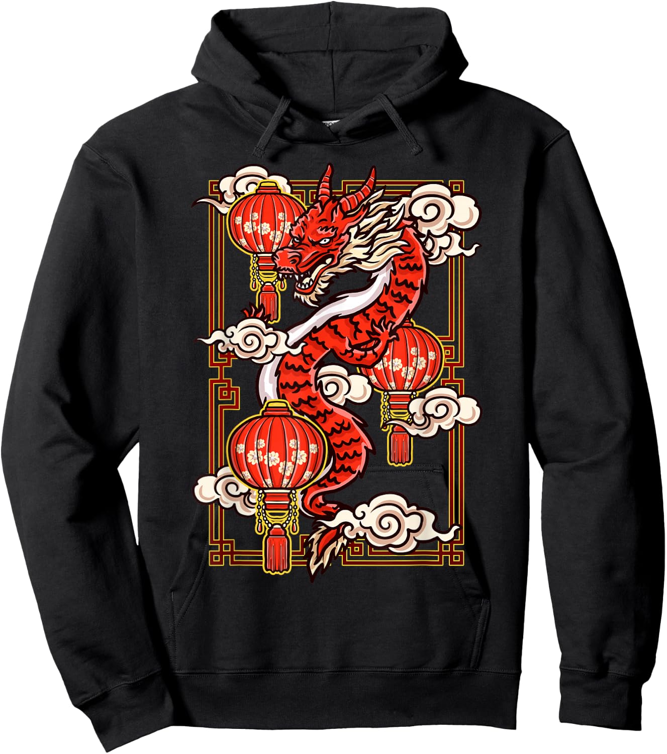 Red Chinese New Year of the Dragon 2024 Lanterns Clouds Hoodie - Hoodie | Black
