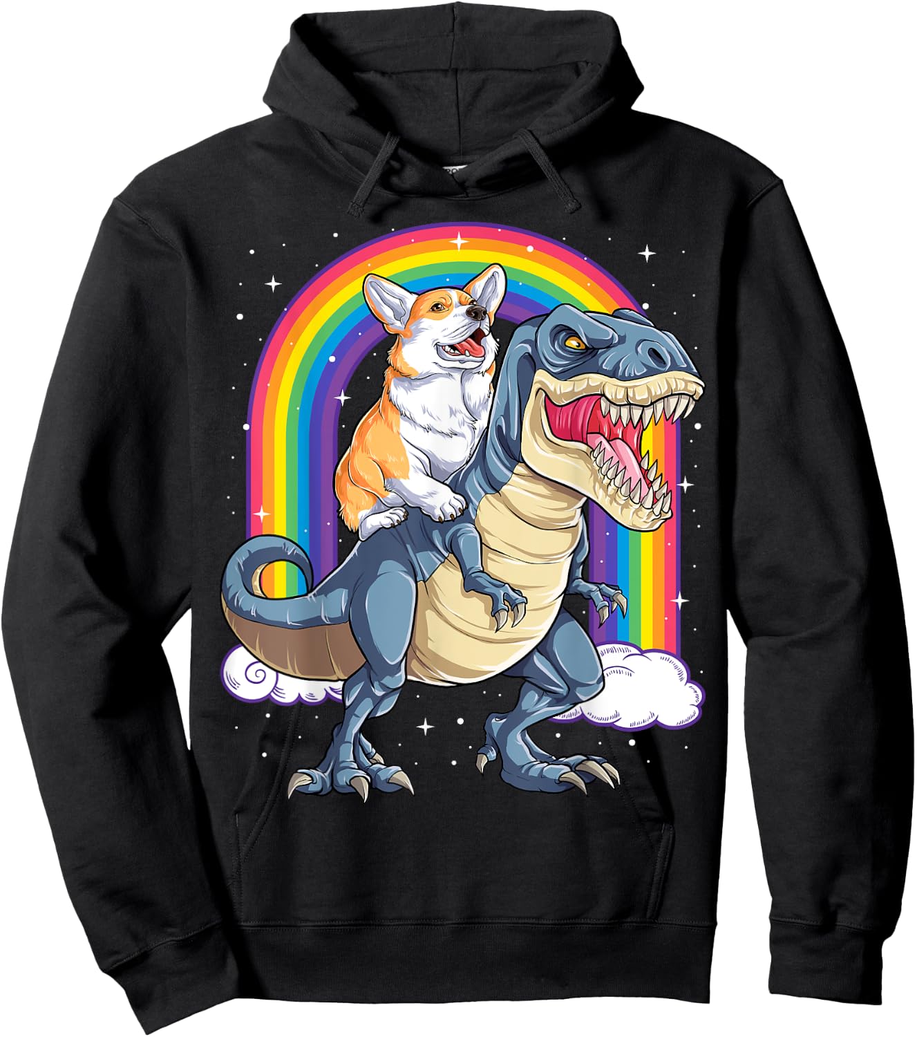 Corgi Riding Dinosaur T-rex Gifts Men Women Rainbow Funny Hoodie - Hoodie | Black