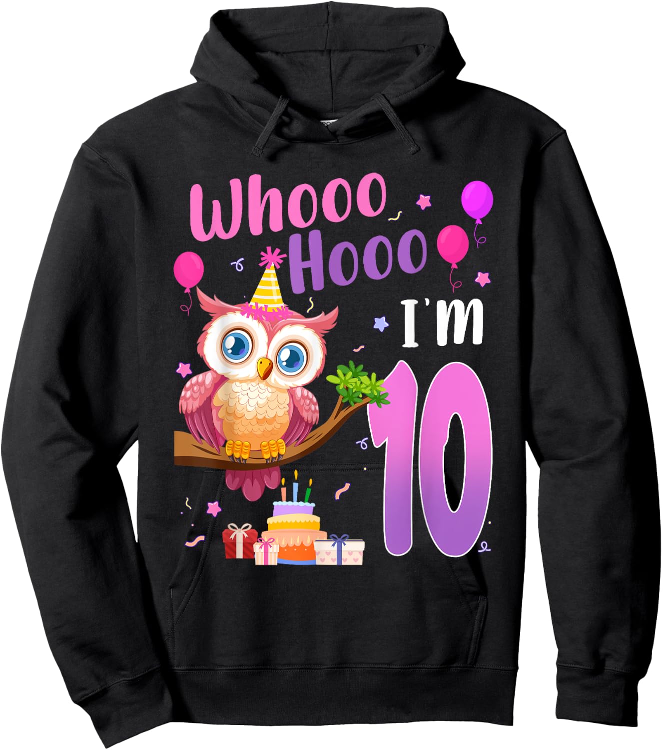 Whooo Hooo I’m 10 Year Old Cute Owl 10th Birthday Girl Hoodie - Hoodie | Black