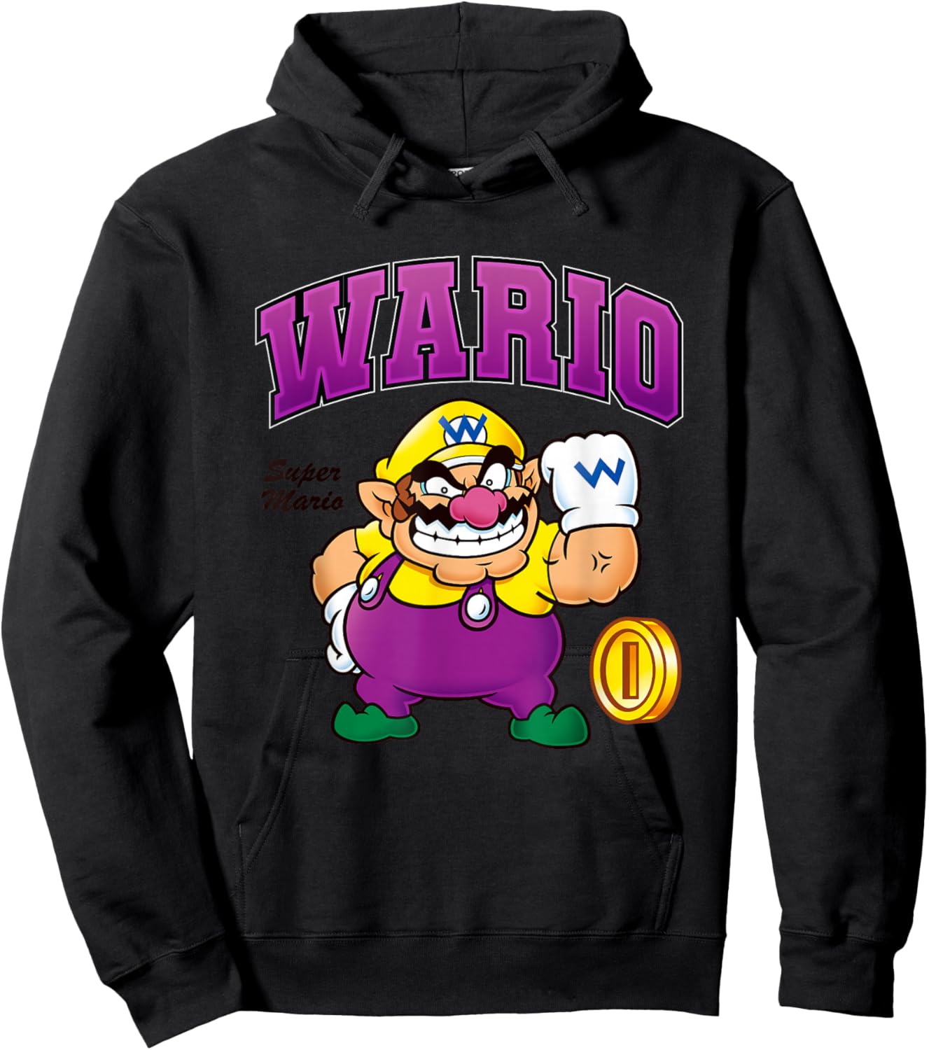 Super Mario Bros Wario Big Character Portrait Hoodie - Hoodie | Black