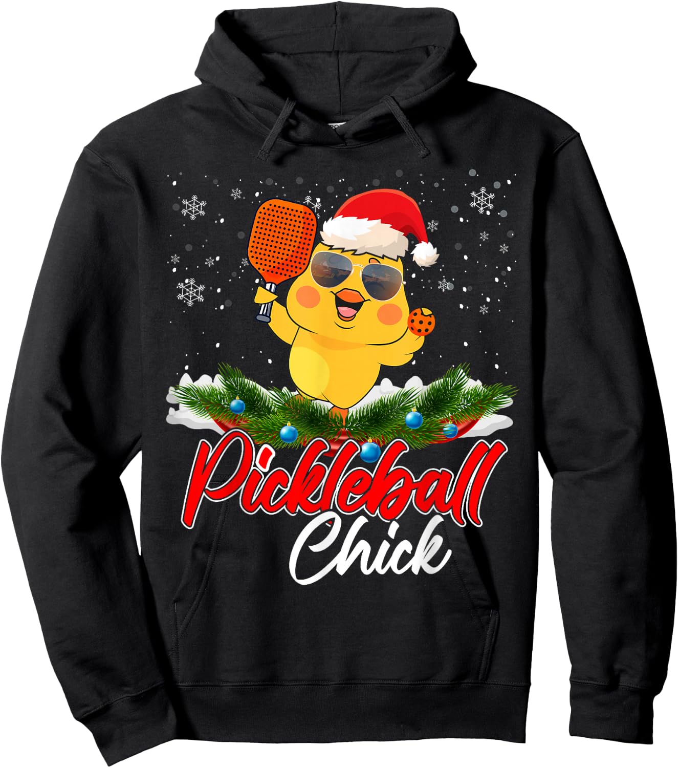 Pickleball Chick Funny Santa Hat Sunglass Snowflakes Xmas Hoodie - Hoodie | Black