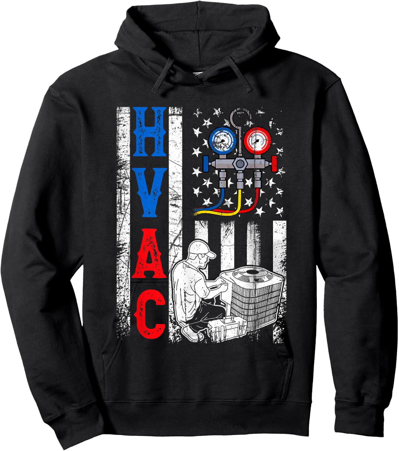 Distressed Proud USA HVAC Tech American Flag HVAC Technician Hoodie - Hoodie | Black