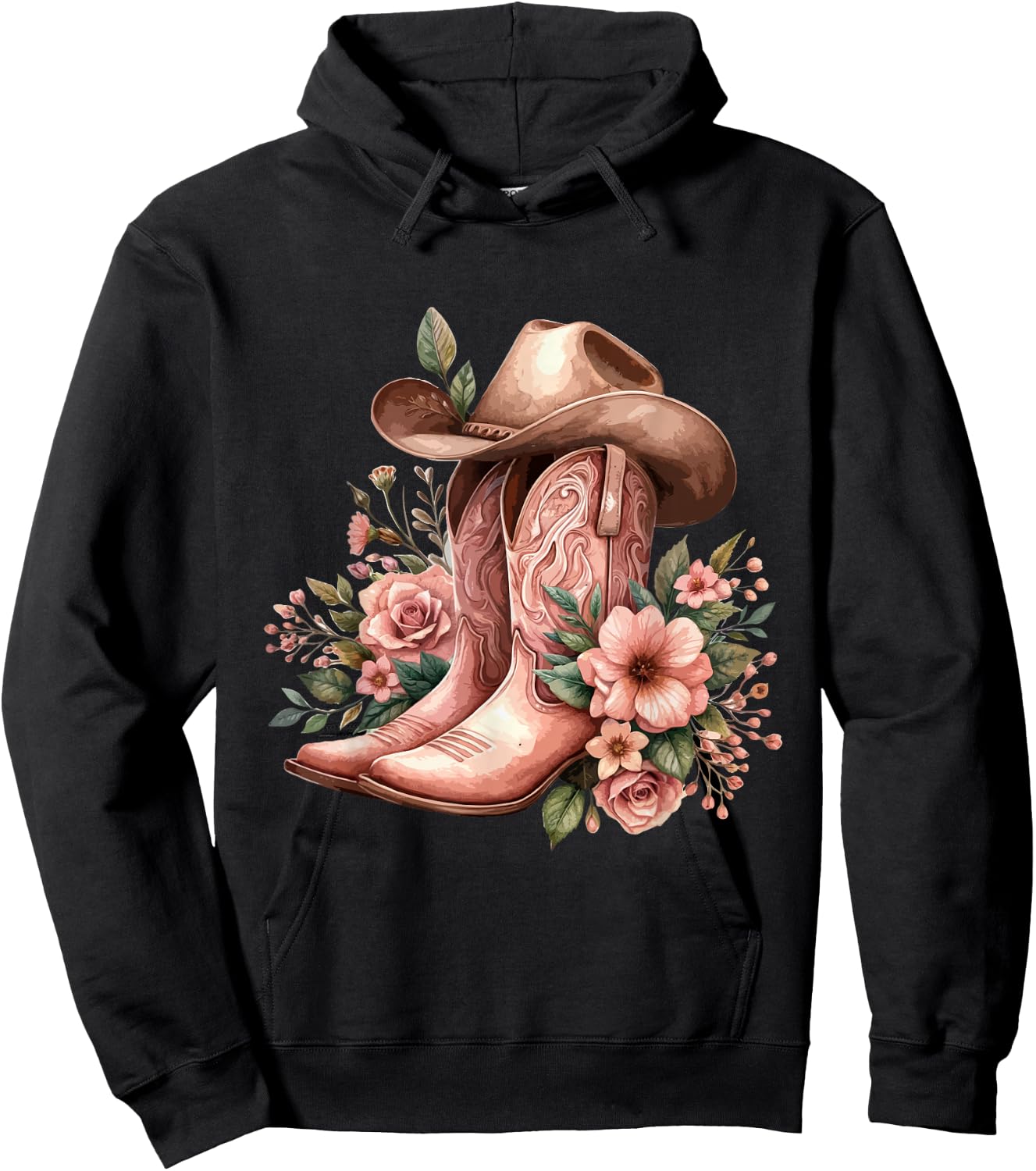 Boho Watercolor Cowgirl Boots Hat Floral Boots Western Boots Hoodie - Hoodie | Black