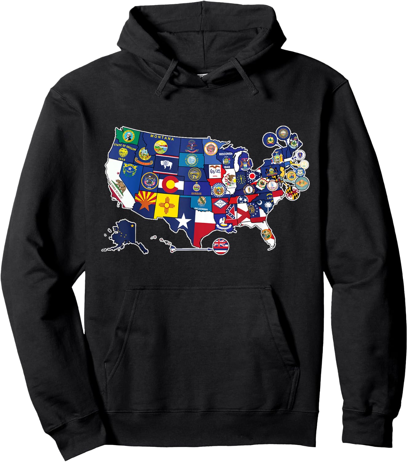 Map of The United States with The Flag of Every States - USA Hoodie - Hoodie | Black