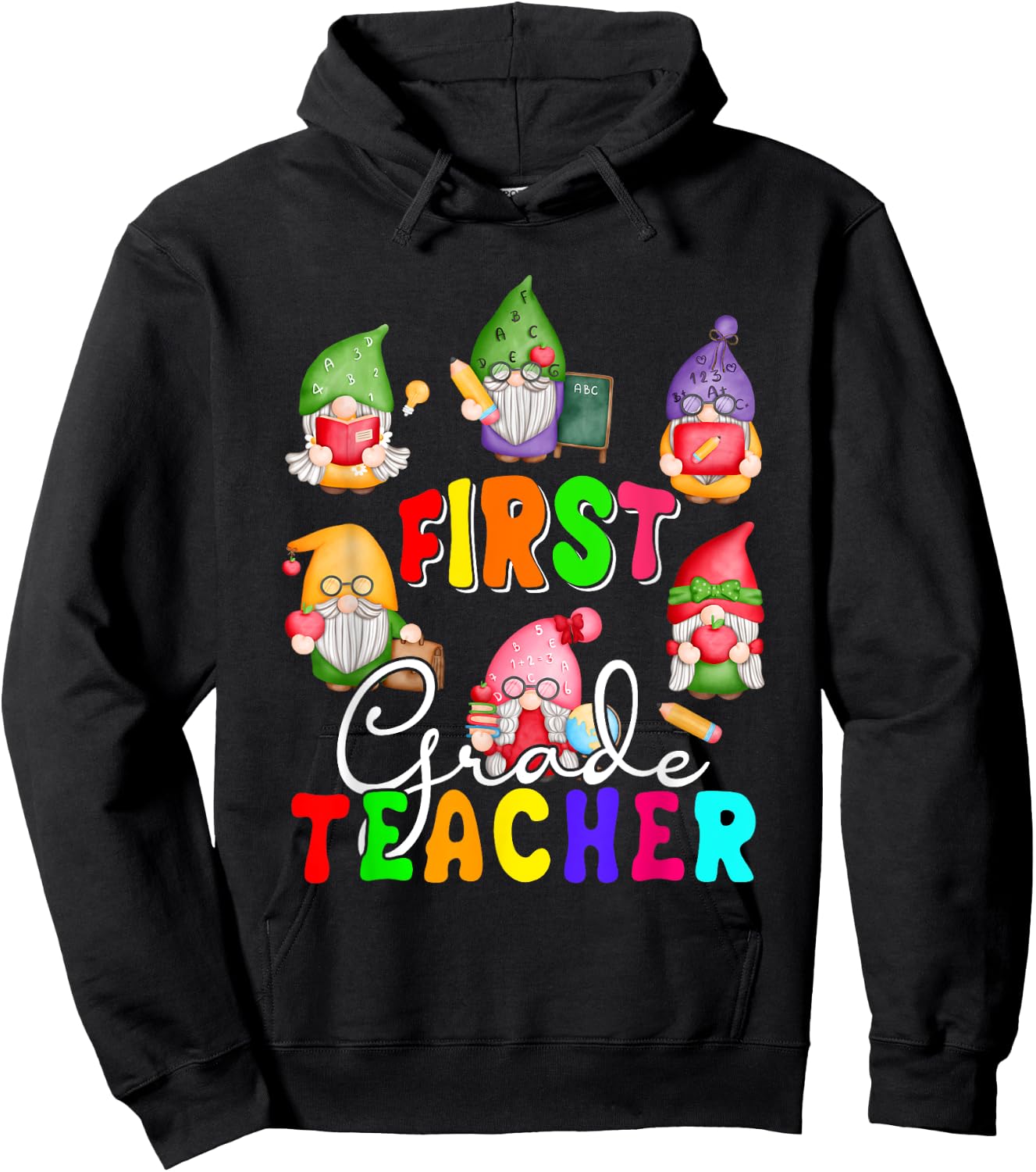 First Grade Teacher Cute Gnomes Holding Books Pencils Hoodie - Hoodie | Black