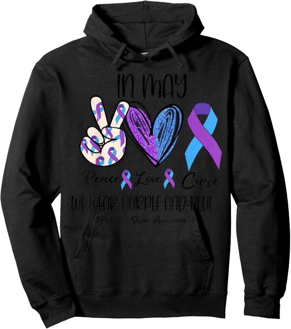 Peace Love Cure Purple and Blue Pediatric Stroke Awareness Hoodie - Hoodie | Black