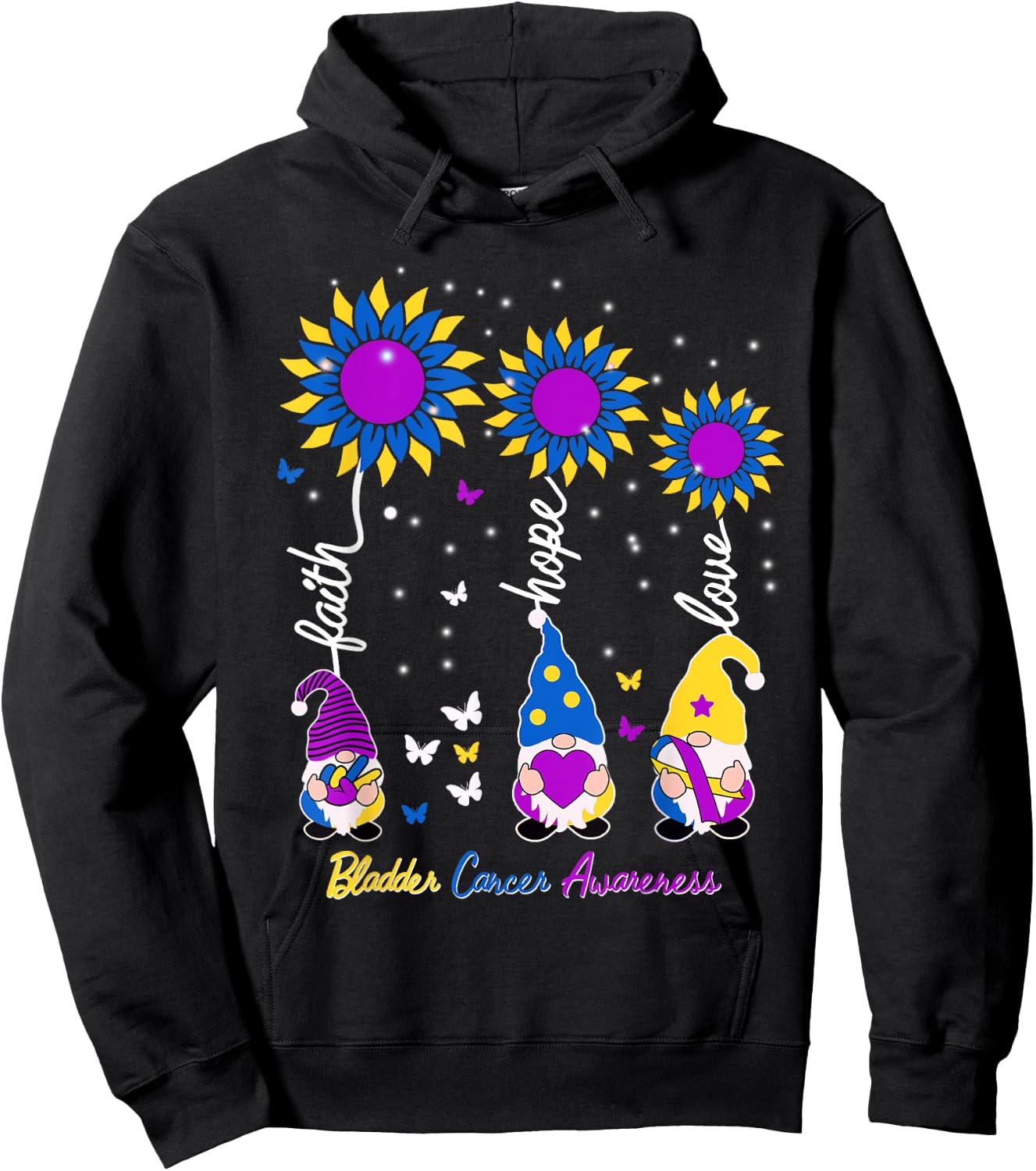 Faith Hope Love Gnome Ribbon Bladder Cancer Awareness Gifts Hoodie - Hoodie | Black