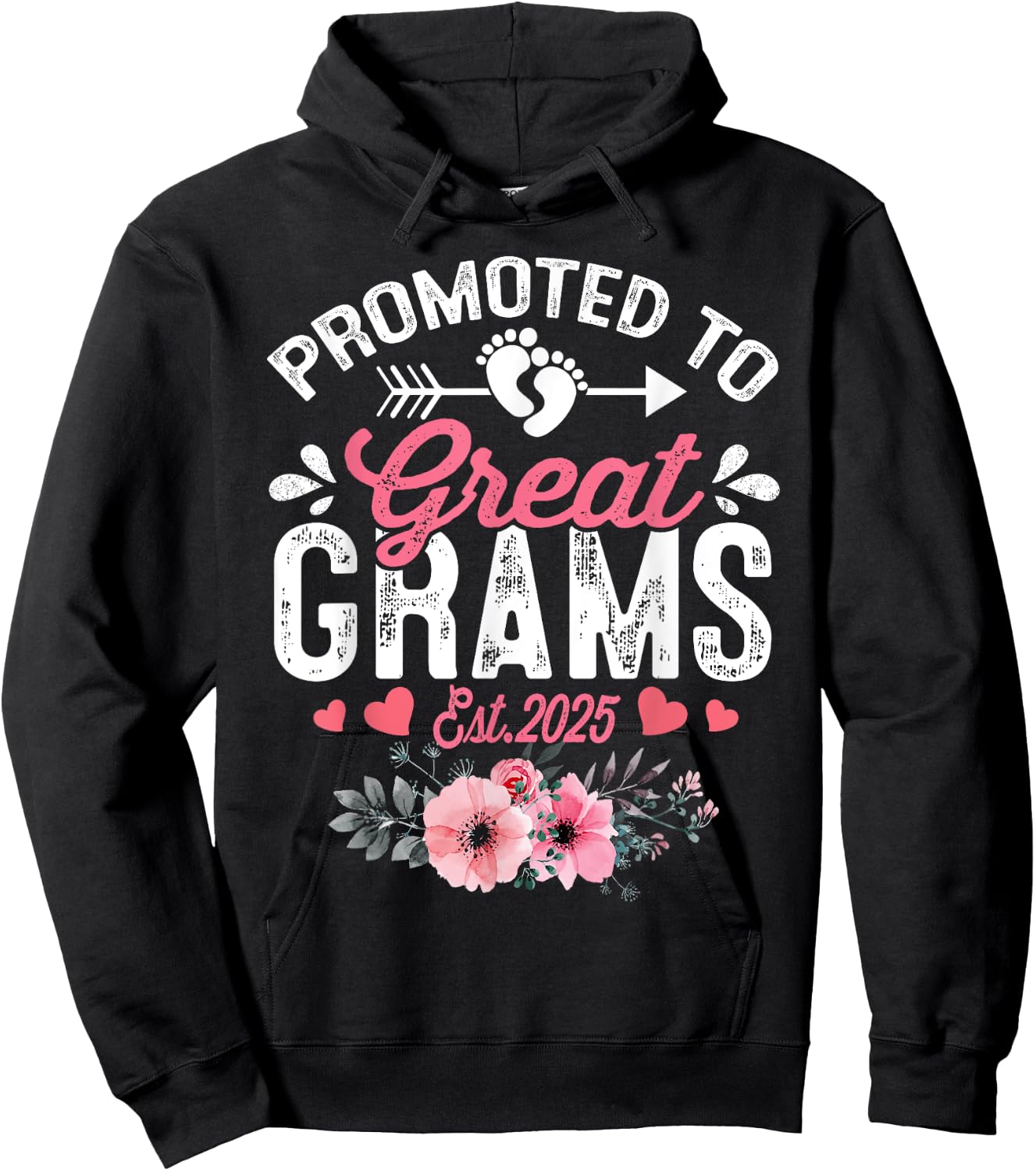 Promoted To Great Grams Est 2025 First Time Grams Floral Hoodie - Hoodie | Black