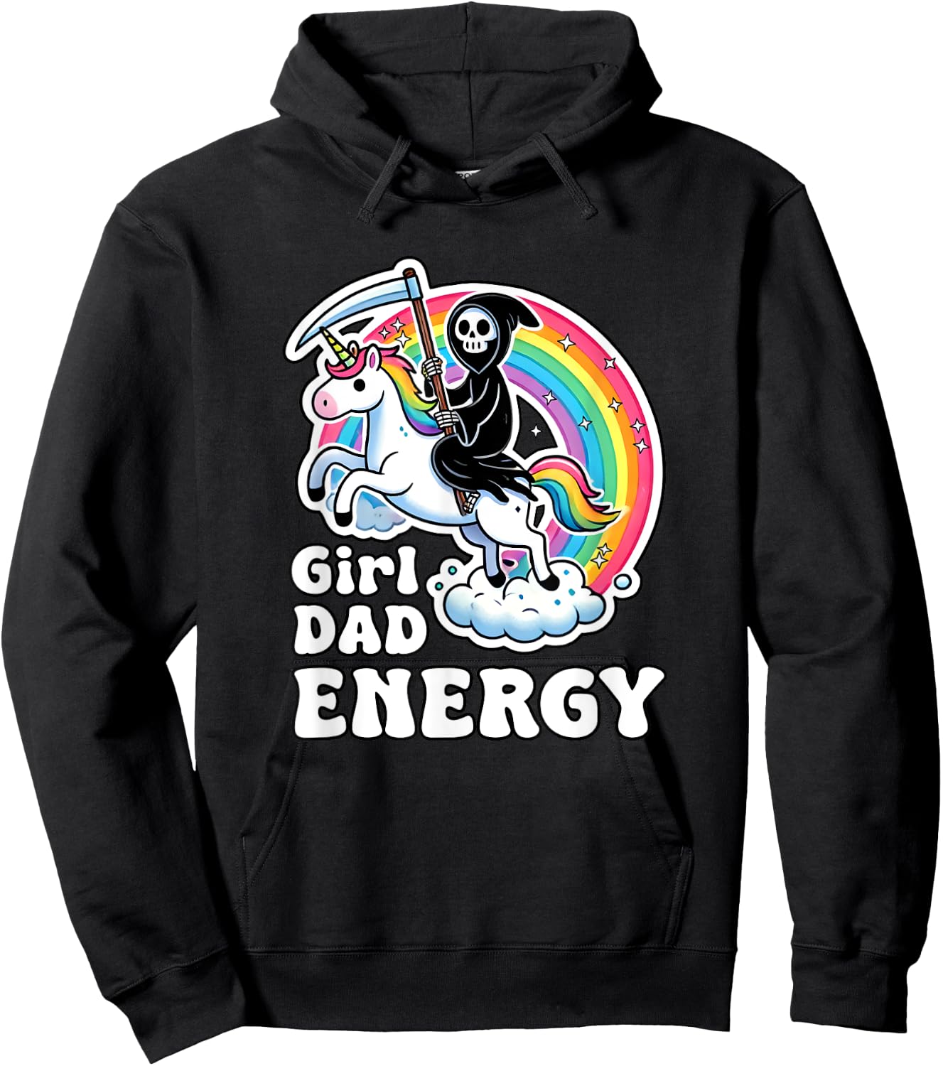 Funny Girl Dad Energy Retro Unicorn Grim Reaper Hoodie - Hoodie | Black