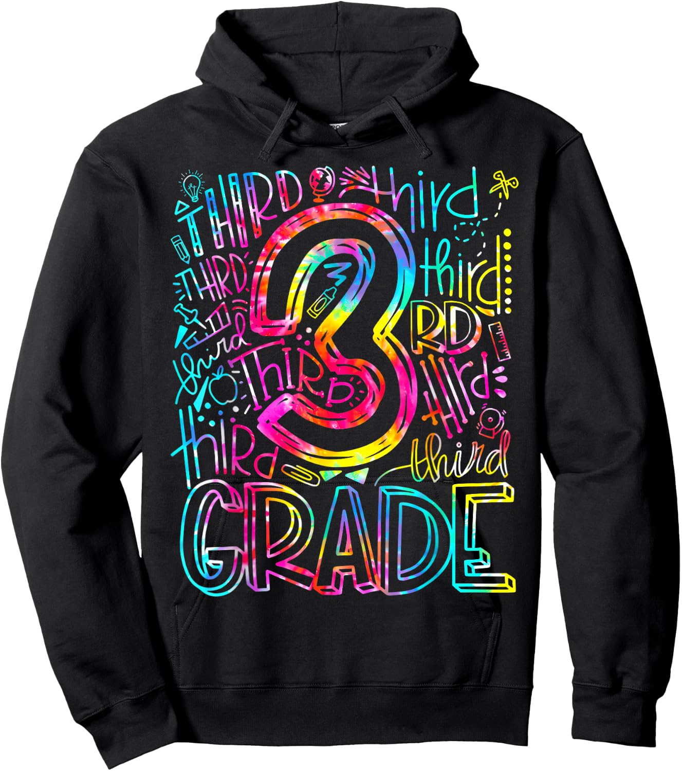 Tie Dye 3rd Grade Typography Team Third Grade Teacher Gift Hoodie - Hoodie | Black