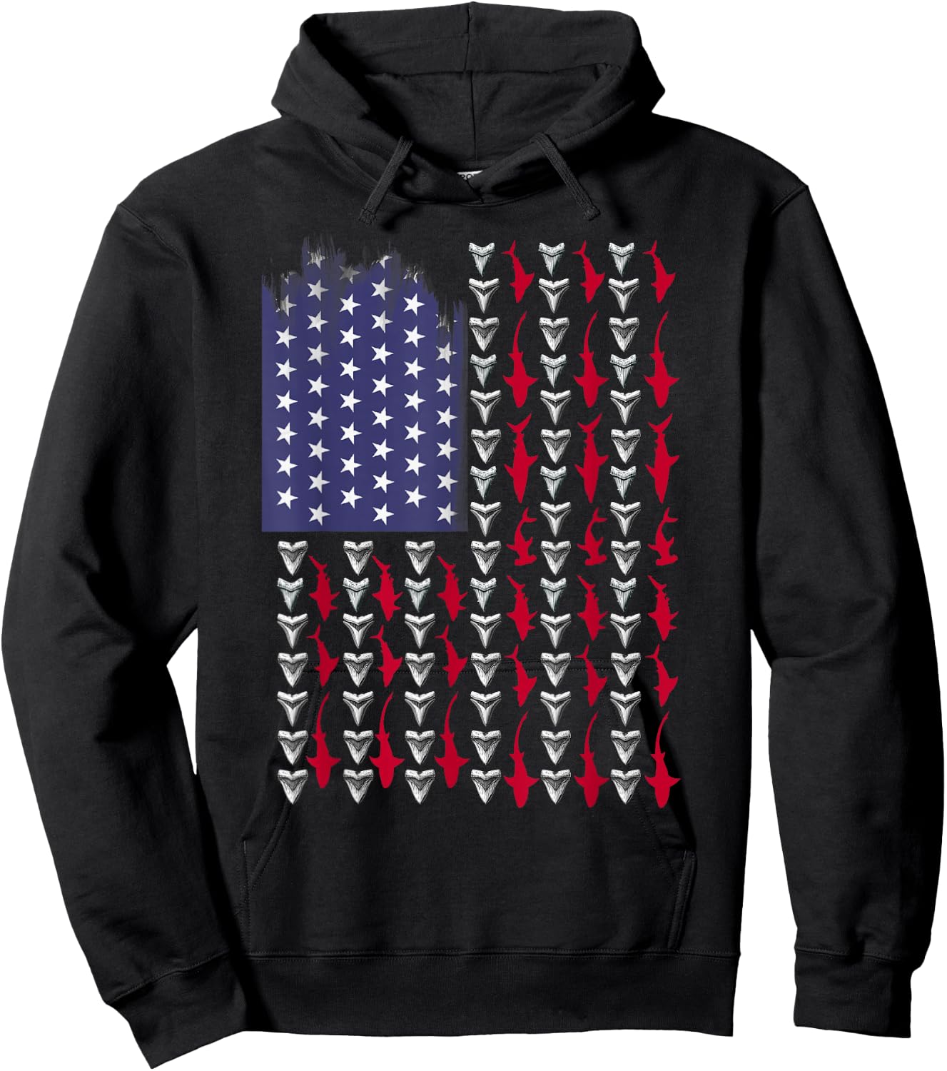 Sharks and Shark Teeth American Flag Hoodie - Hoodie | Black
