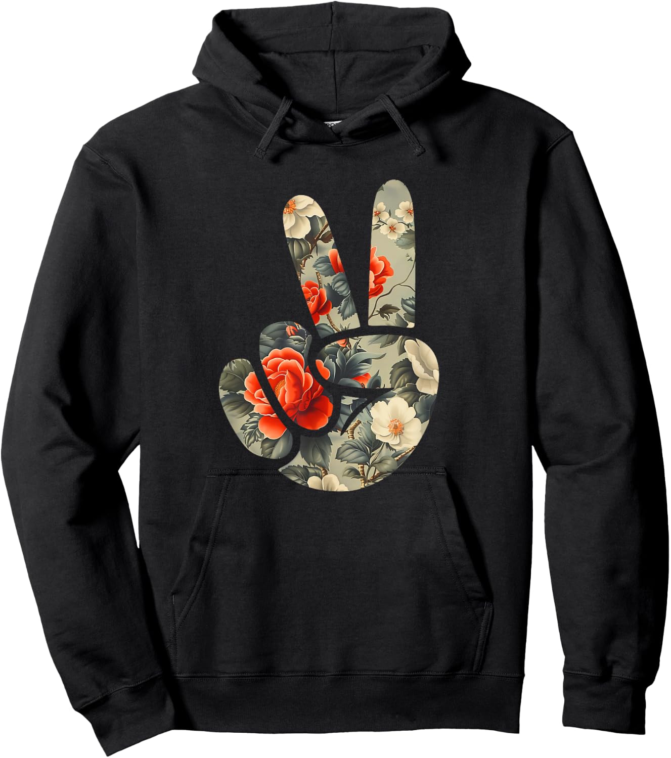Elegant Silhouette Wildflowers Floral Peace Sign Hand Hoodie - Hoodie | Black