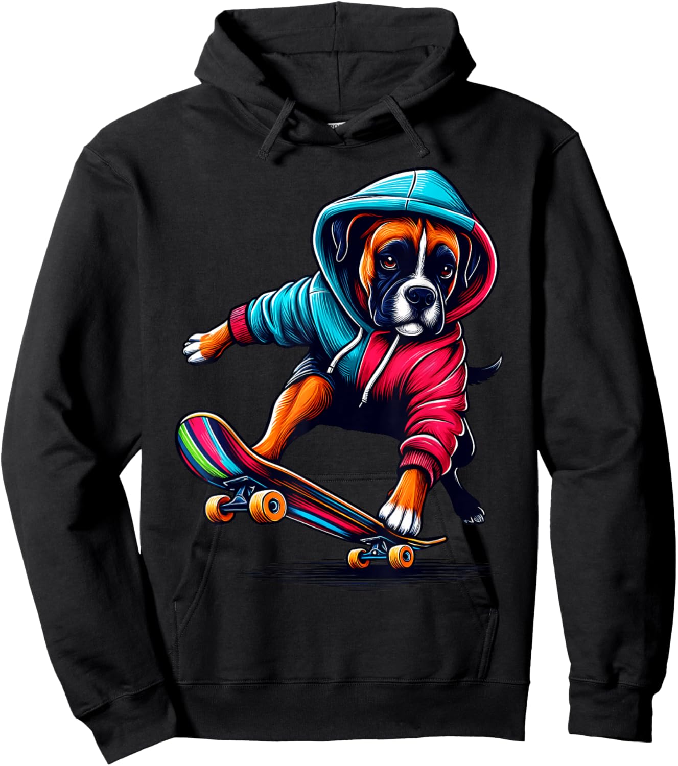 Cool Boxer Dog Skateboarding Illustration Art Men Women Girls Kids Hoodie - Hoodie | Black