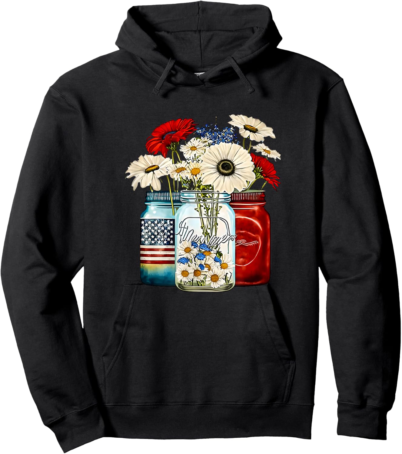 American Patriotic USA Flag Jars with Daisy 4th Of July Men Hoodie - Hoodie | Black