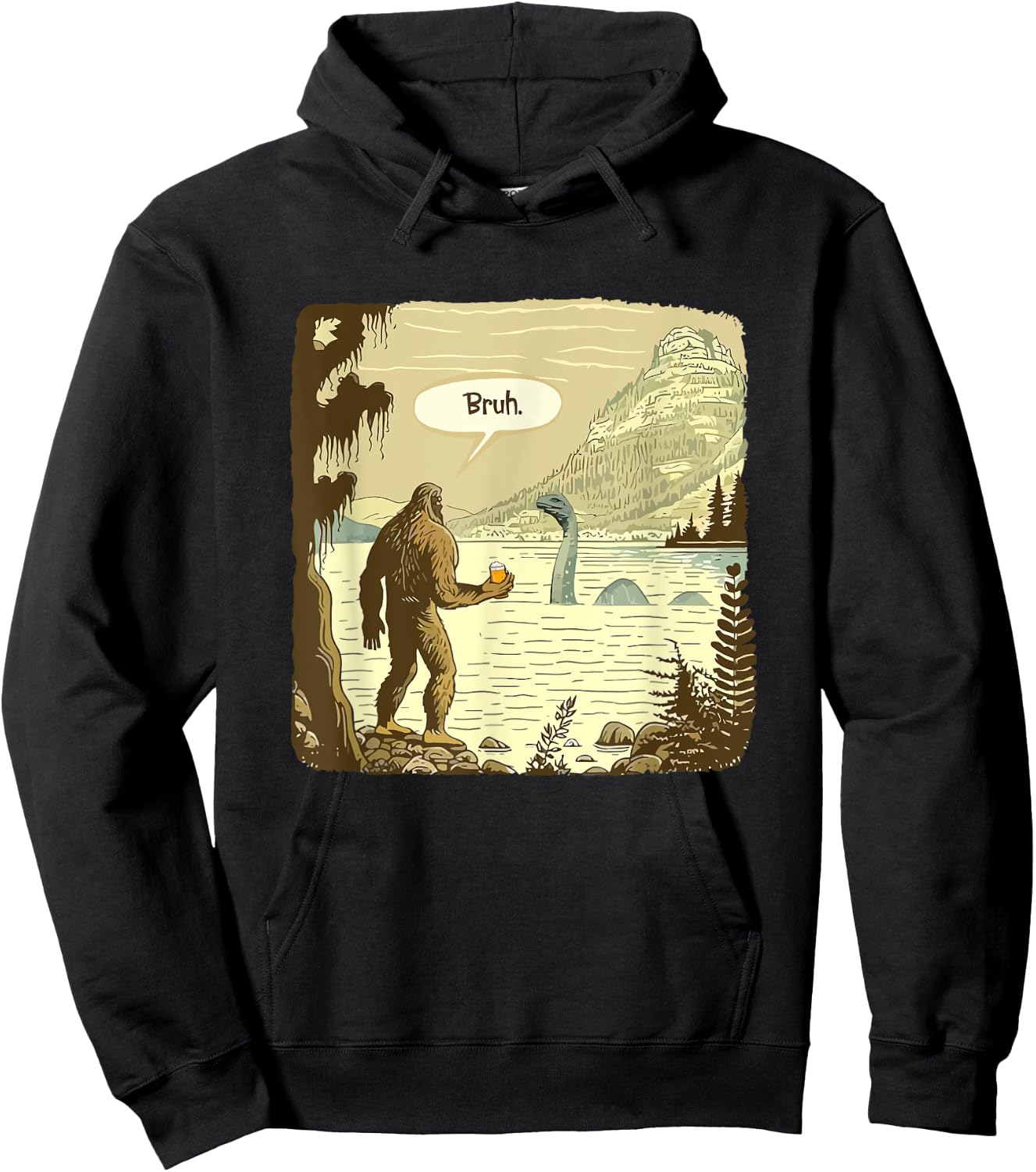 Funny Bigfoot and Nessie Bruh Moment Beer Hoodie - Hoodie | Black