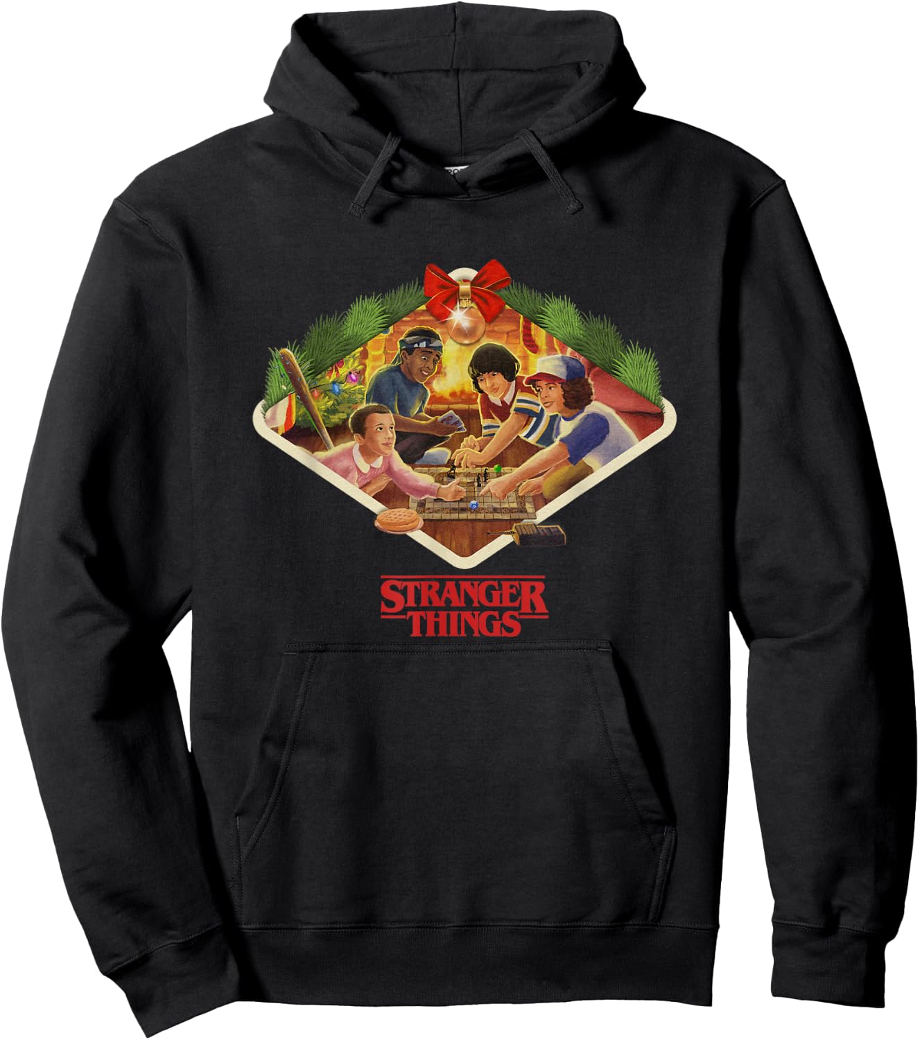 Stranger Things Christmas Main Characters Cozy Chest Frame Hoodie - Hoodie | Black