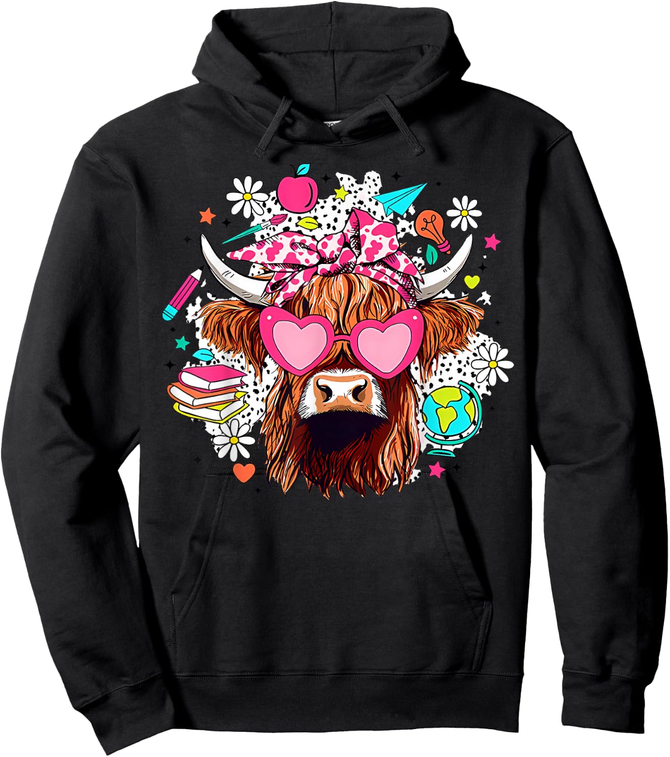 Retro Cute Highland Cow Teacher Bow Flower Heart Glasses Hoodie - Hoodie | Black