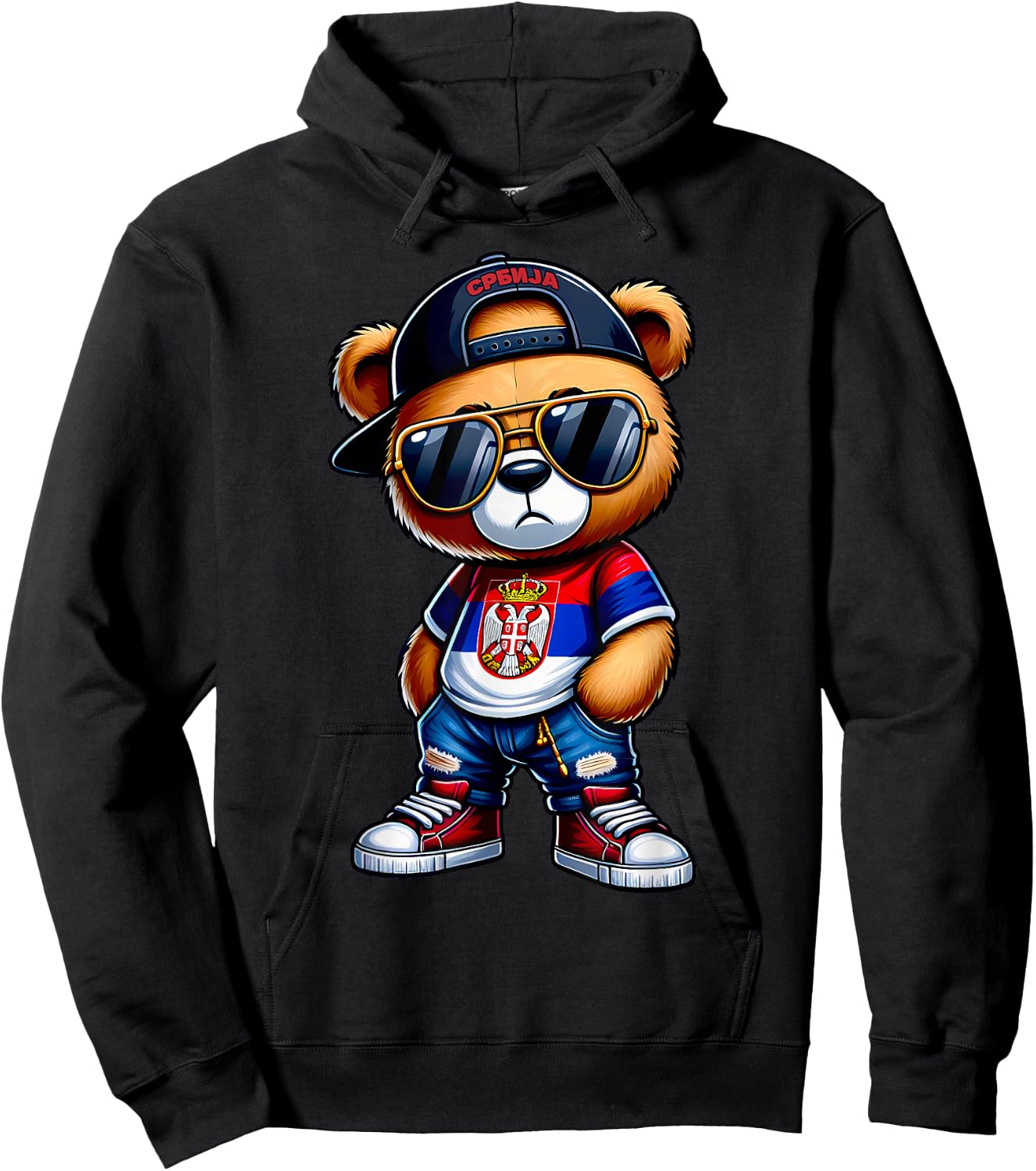 Cute Serbian Teddy Bear with Serbia Flag Yugoslavia Gift Hoodie - Hoodie | Black