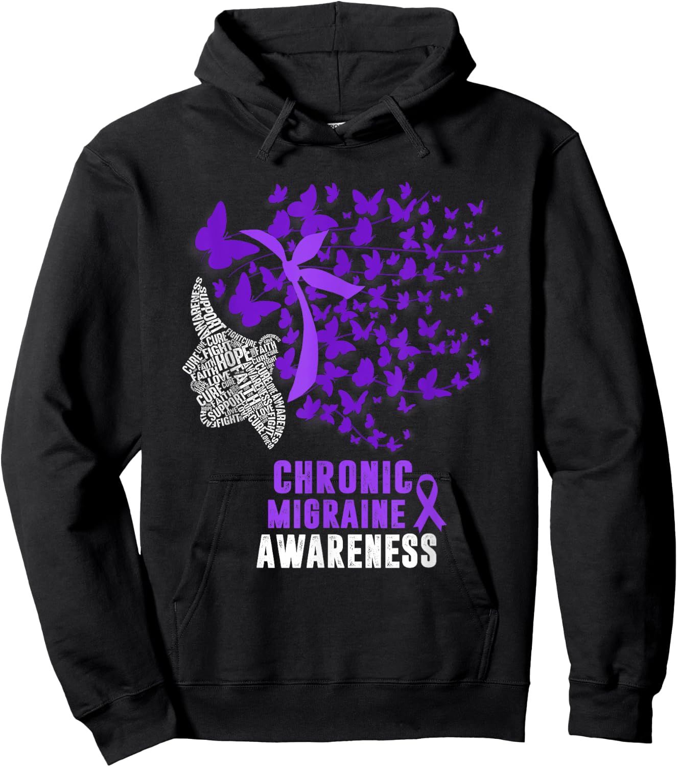 Chronic Migraine Awareness Month Butterfly Purple Ribbon Hoodie - Hoodie | Black