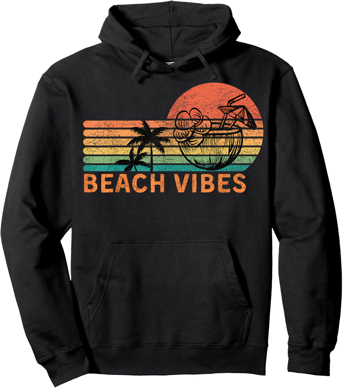 Vintage Beach Vibes Coconut Cocktail Palm Trees Retro Sunset Men Women Hoodie - Hoodie | Black