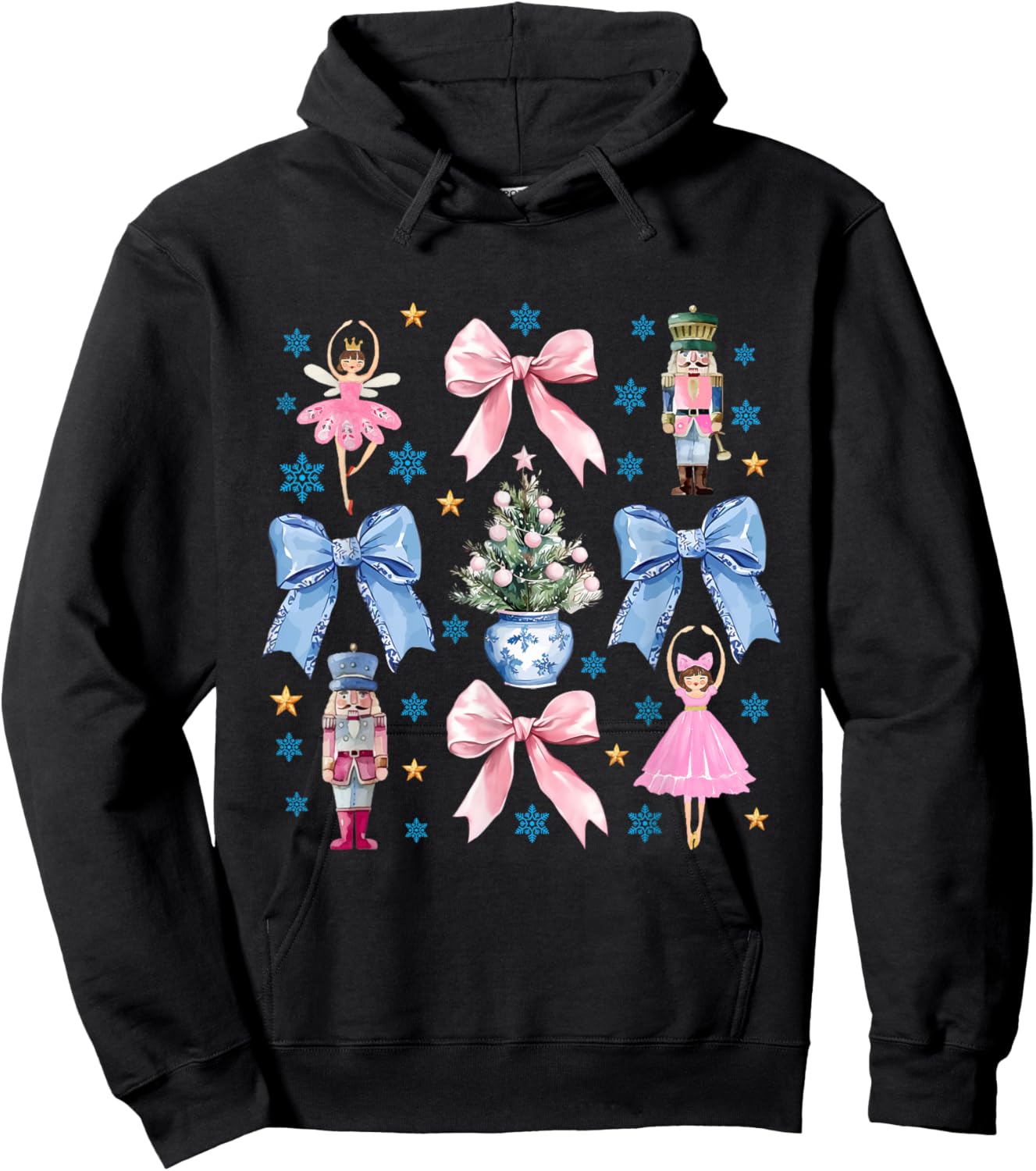 Coquette Pink Blue Bow Nutcracker Xmas Merry Christmas Hoodie - Hoodie | Black