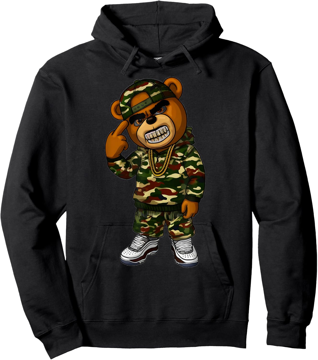 Camo Hip Hop Teddy Bear Camouflage Gangsta Streetwear Hustle Hoodie - Hoodie | Black