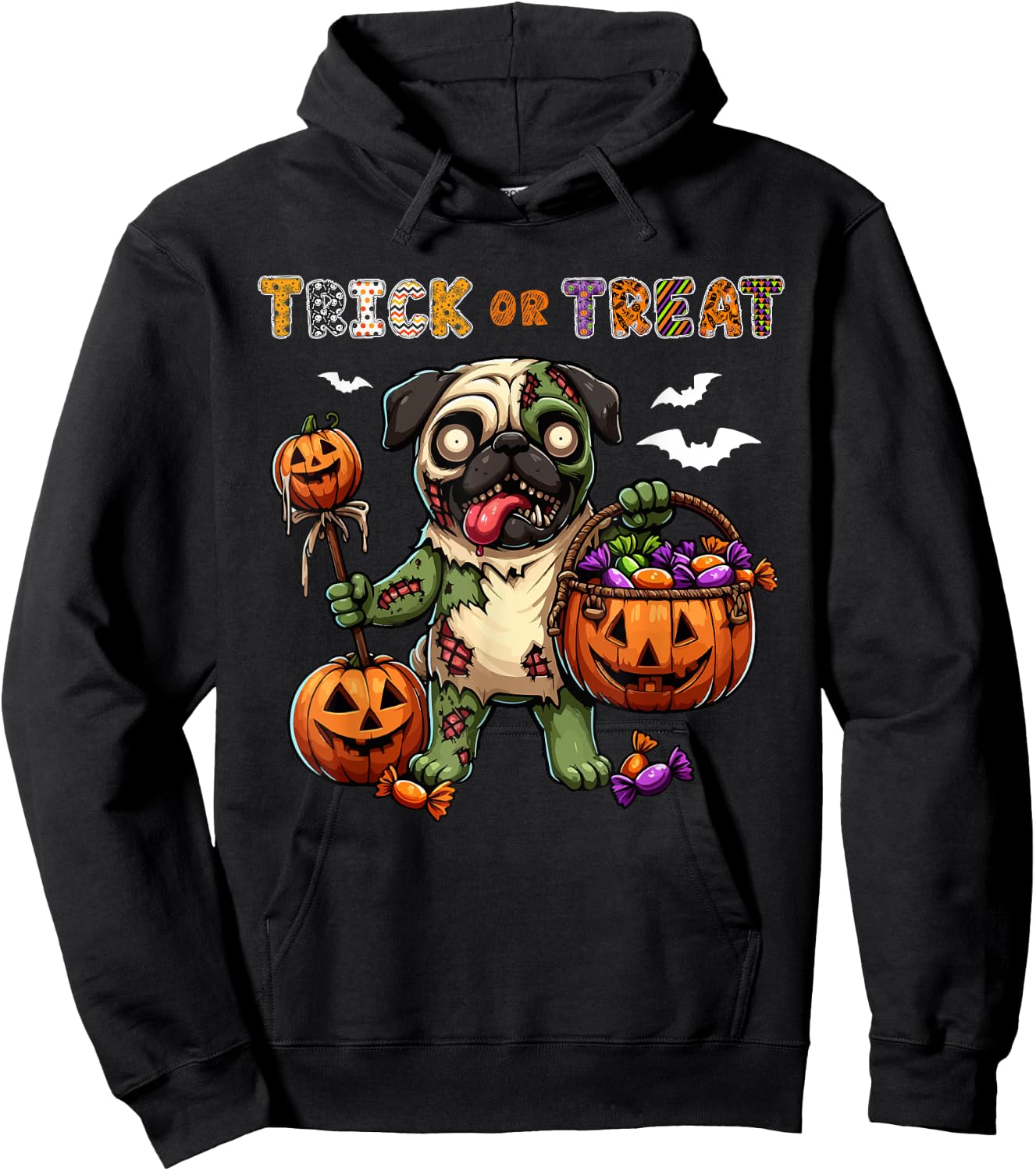 Trick Or Treat Costume Pug Horror Zombie Halloween Candies Hoodie - Hoodie | Black
