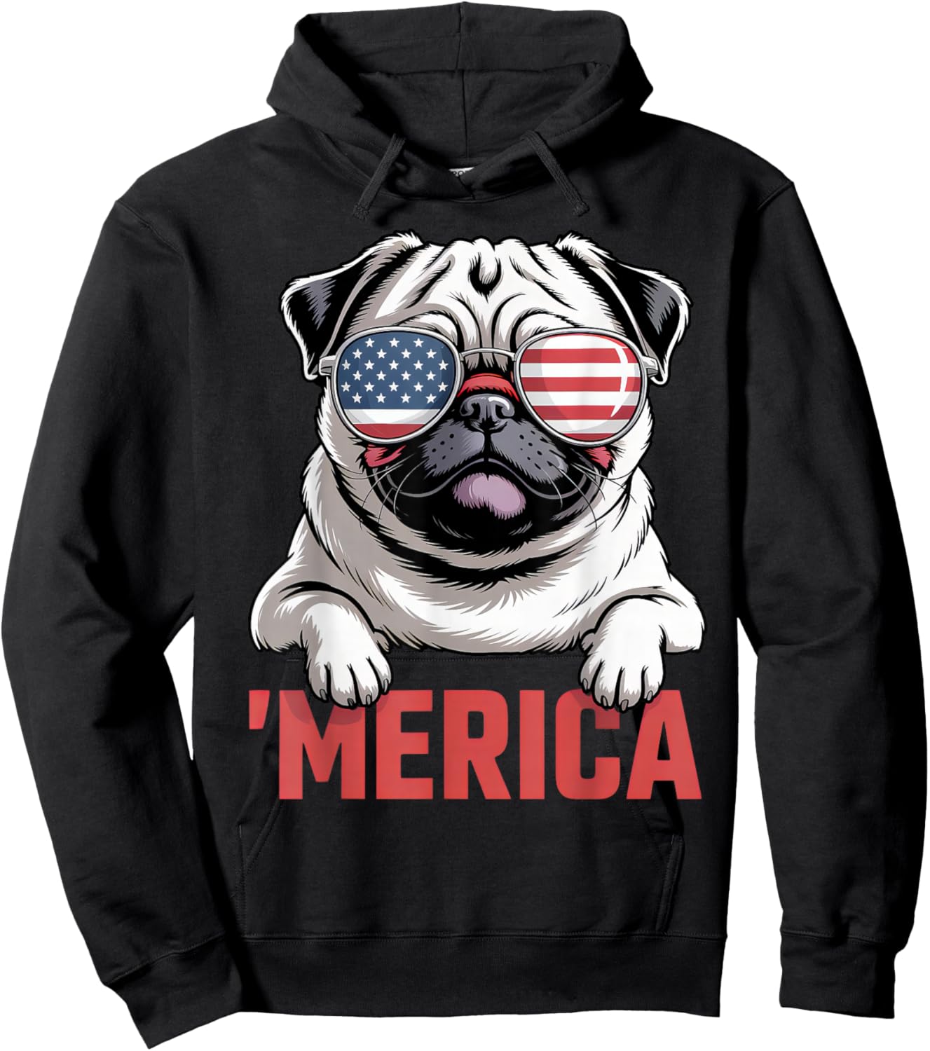 Merica Pug American Flag Patriotic USA Dog Lover Men Women Hoodie - Hoodie | Black