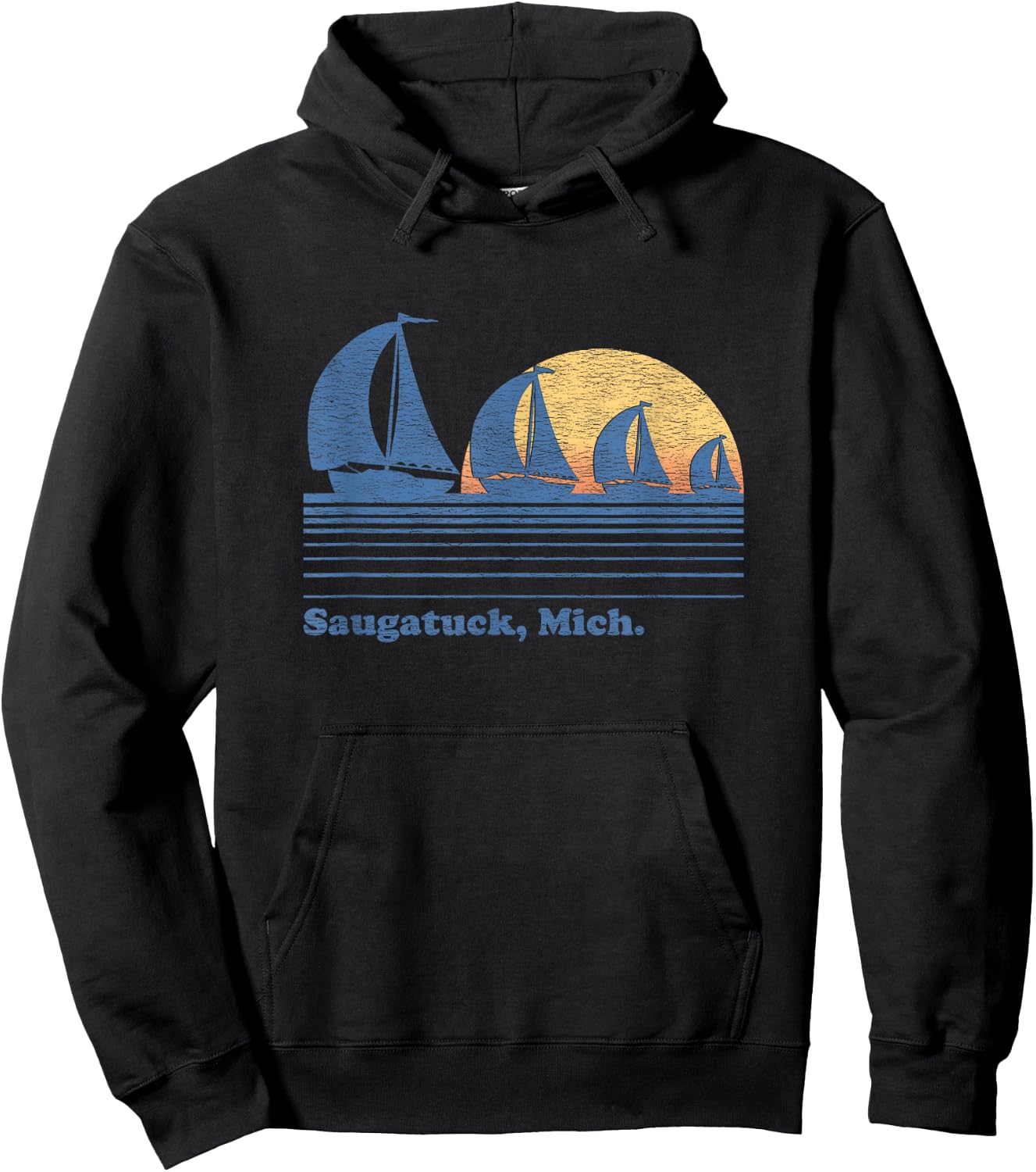 Saugatuck MI Sailboat Vintage 80s Sunset Hoodie - Hoodie | Black