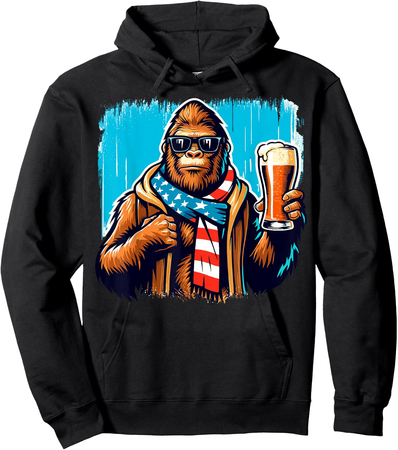 Bigfoot Holding Beer USA Flag Sasquatch 4th of July Hoodie - Hoodie | Black