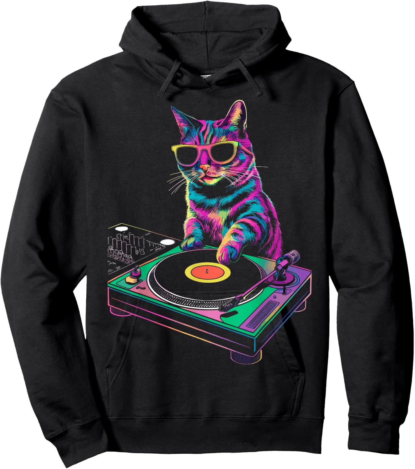 House DJ Cat Rainbow DJ Cat Kitty on Turntable Disco DJ Cat Hoodie - Hoodie | Black