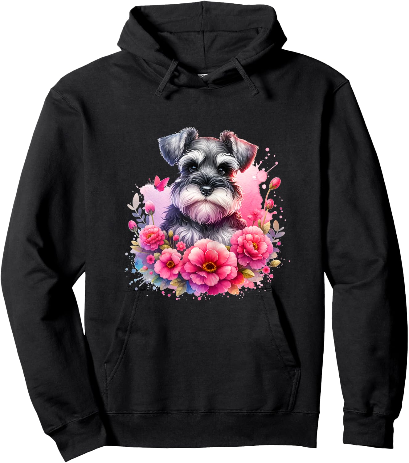 Watercolor Cute Miniature Schnauzer Dog Mom Pink Flowers Hoodie - Hoodie | Black