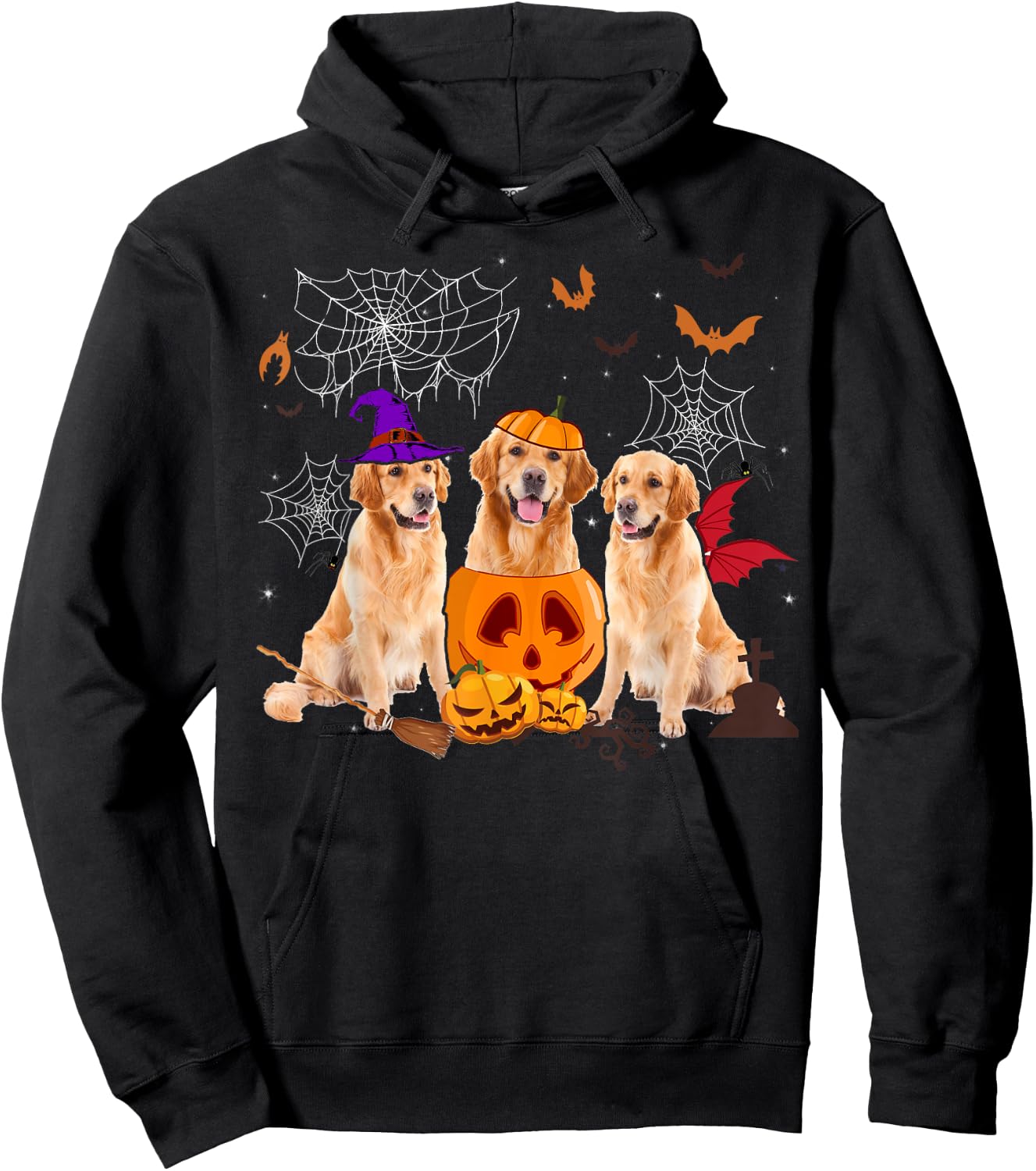 Funny Pumpkin Witch Golden Retriever Dog Halloween Gifts Women Kids Hoodie - Hoodie | Black