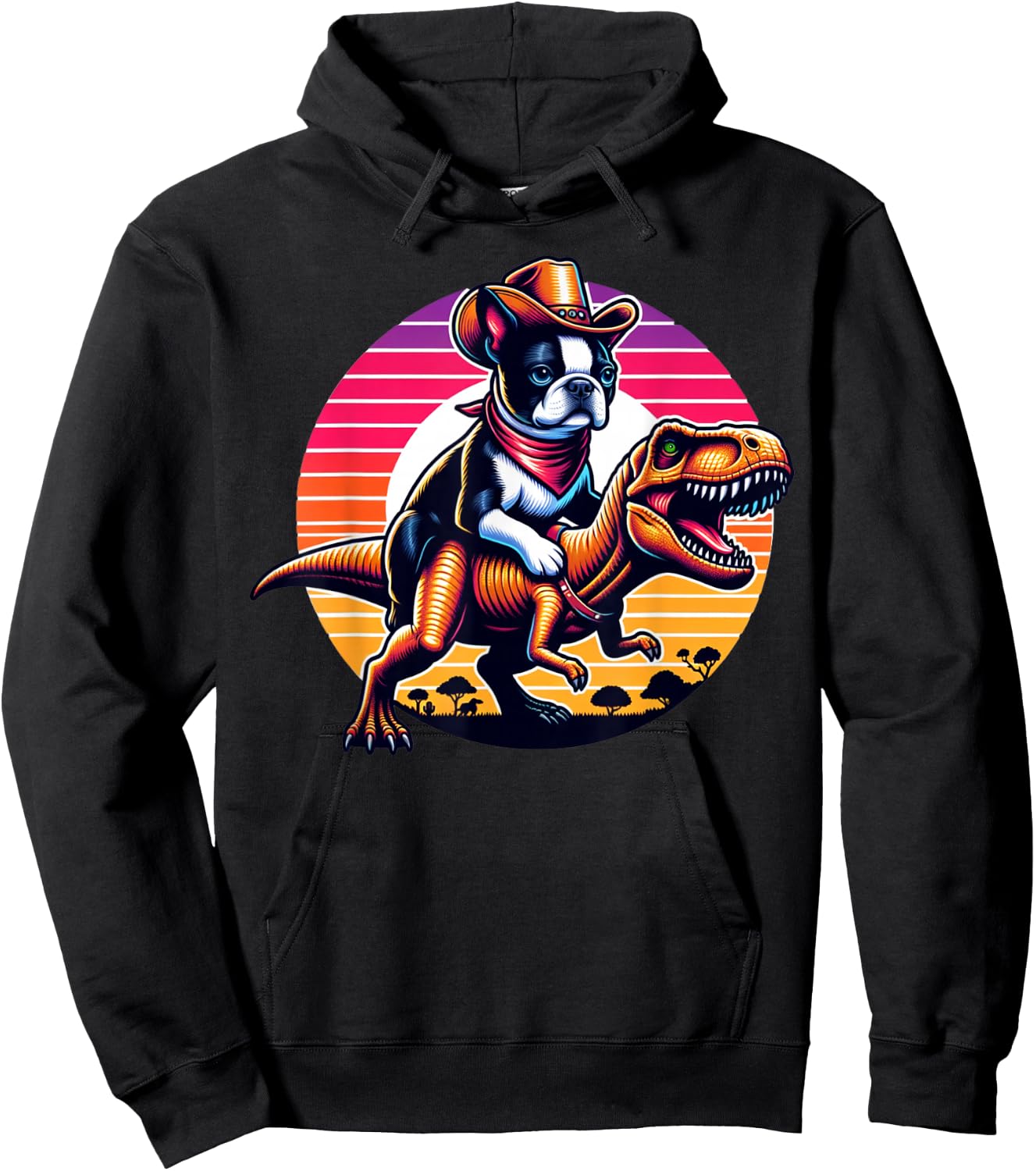 Boston Terrier Wearing A Cowboy Hat On T-Rex Hoodie - Hoodie | Black