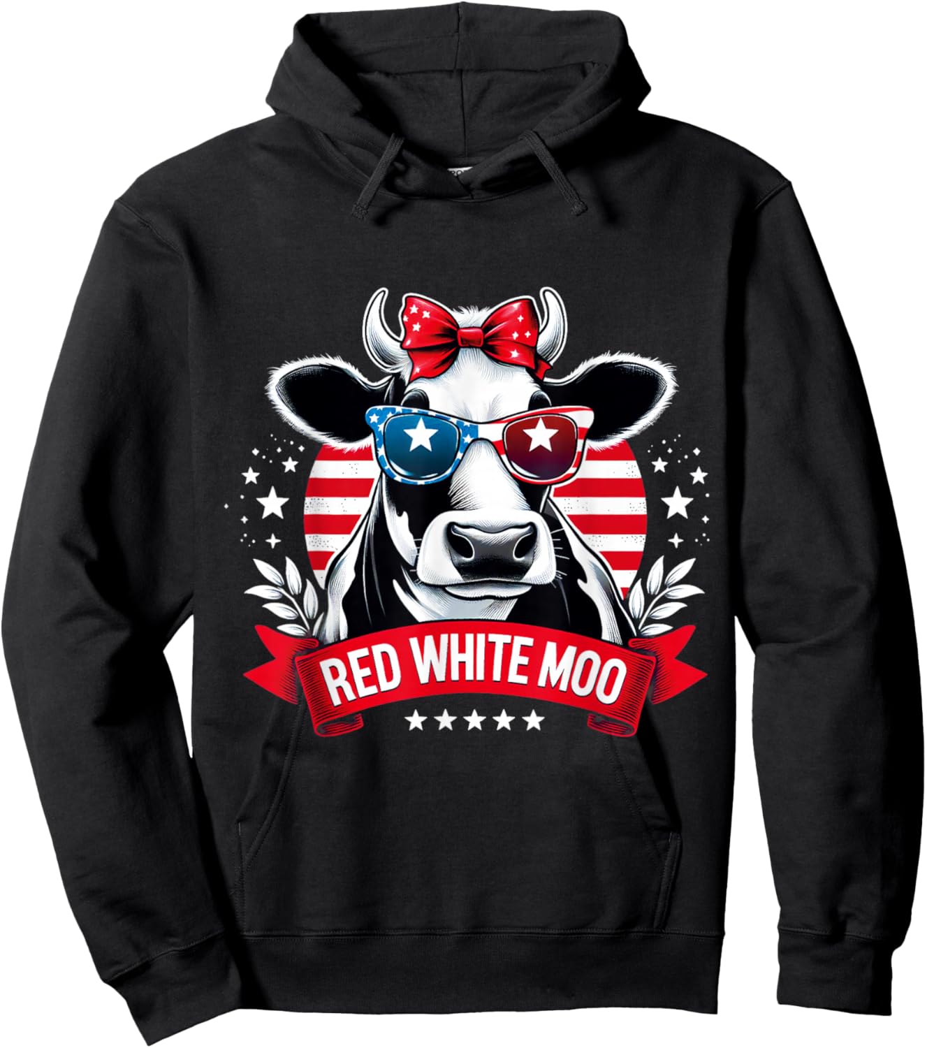Patriotic Cow USA Flag 4th of July Red and White and Moo Hoodie - Hoodie | Black