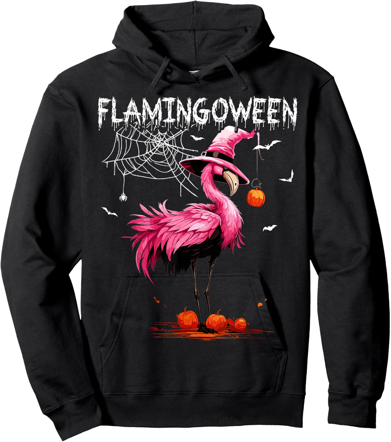 Flamingoween Pink Flamingo Witch Hat Pumpkin Halloween Hoodie - Hoodie | Black