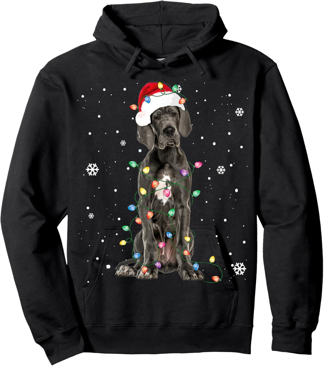 Great Dane Christmas Santa Hat Fairy Lights Pajama Dog Lover Hoodie - Hoodie | Black