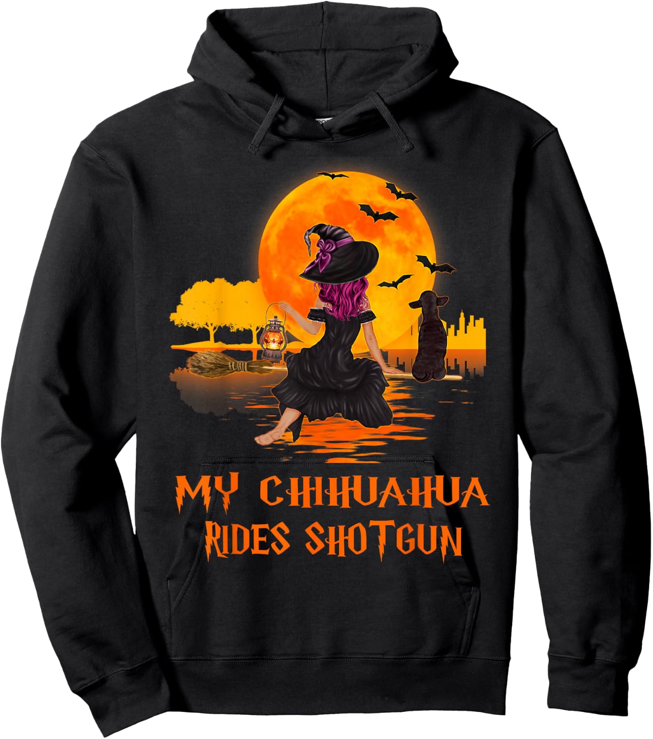 My Chihuahua Rides Shotgun Dog and Witch Funny Halloween Men Women Kids Hoodie - Hoodie | Black
