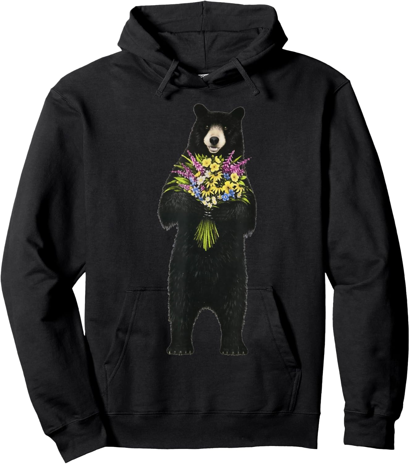 Black bear with a bouquet of wild flowers Hoodie - Hoodie | Black