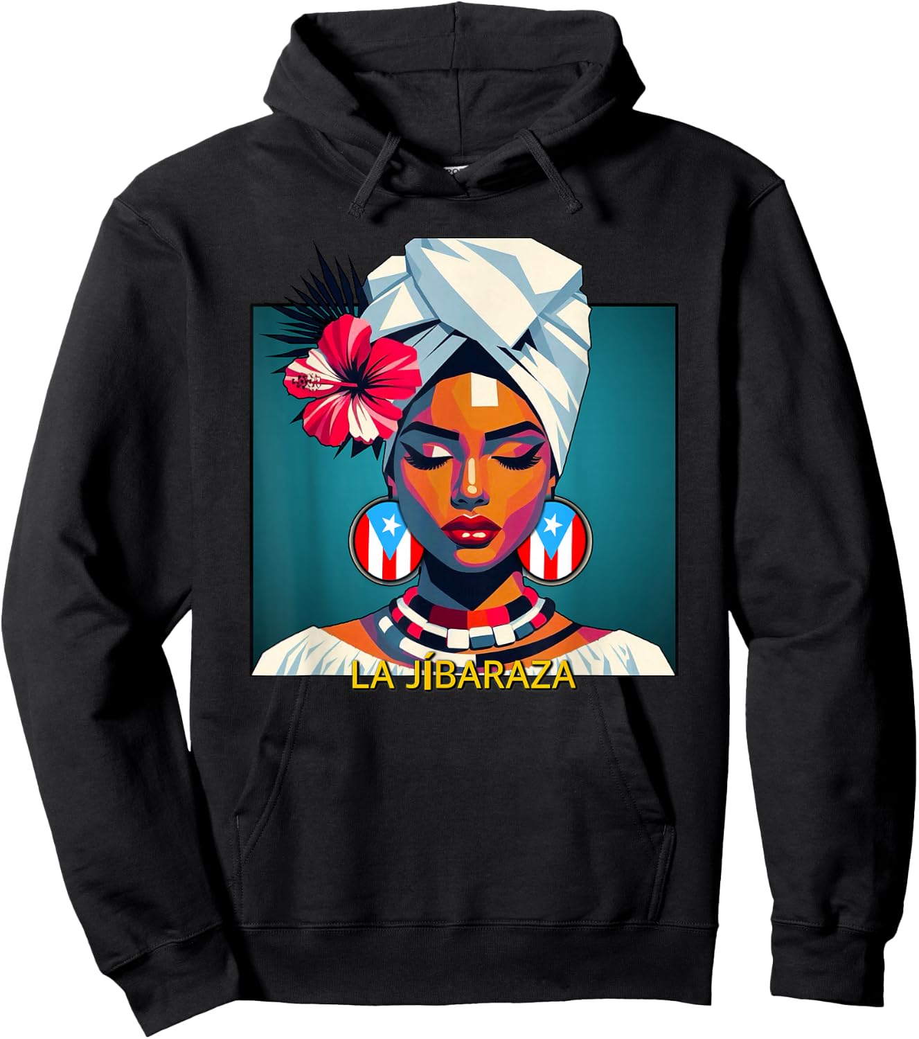 Jibaraza, Boricua Flag, Puerto Rican Jíbara Hibiscus Flower Hoodie - Hoodie | Black