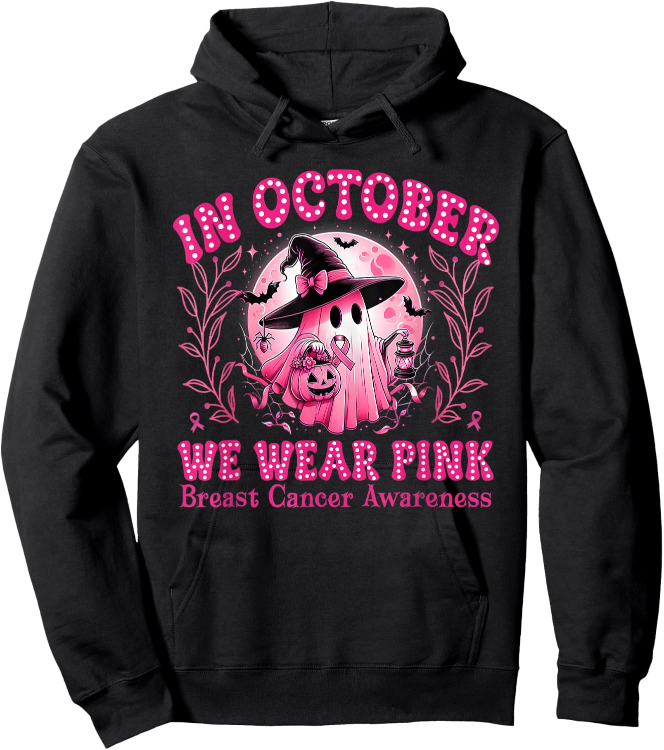 Breast Cancer Awareness In October We Wear Pink Ghost Witch Hoodie - Hoodie | Black